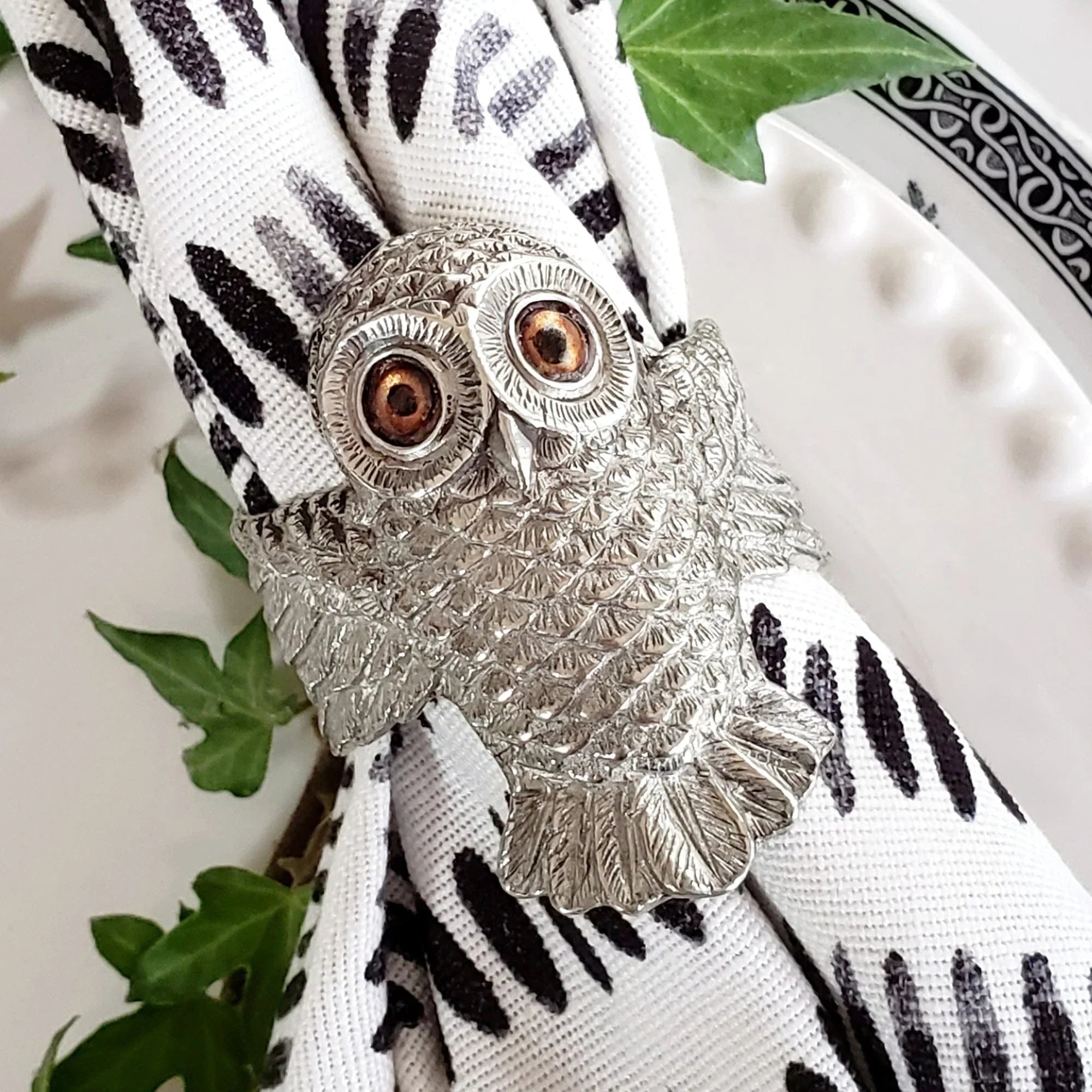 Pewter carved cute owl napkin ring with big eyes - Your Western Decor