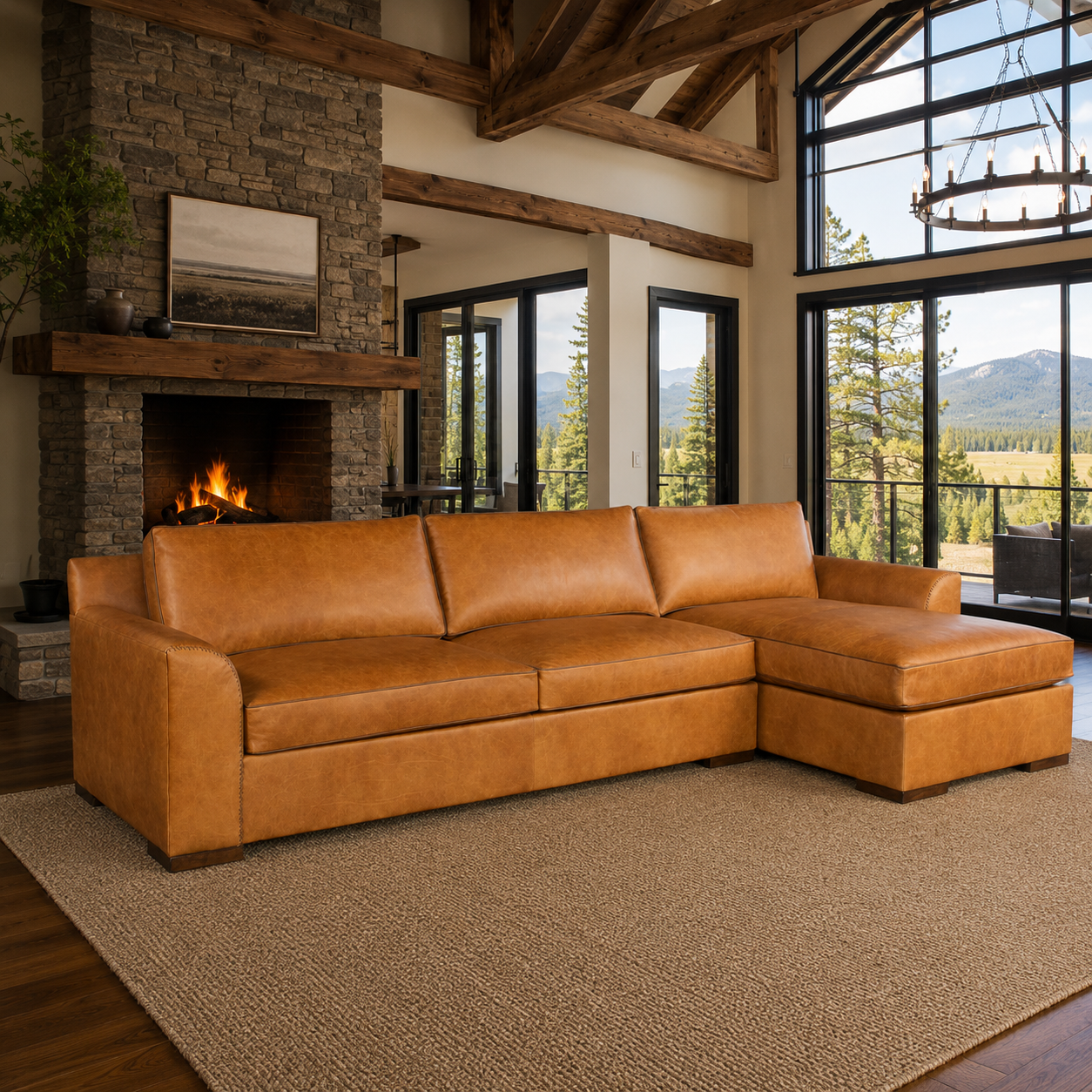 Hathaway luxury leather sectional with whip stitching on arms Custom made in the USA