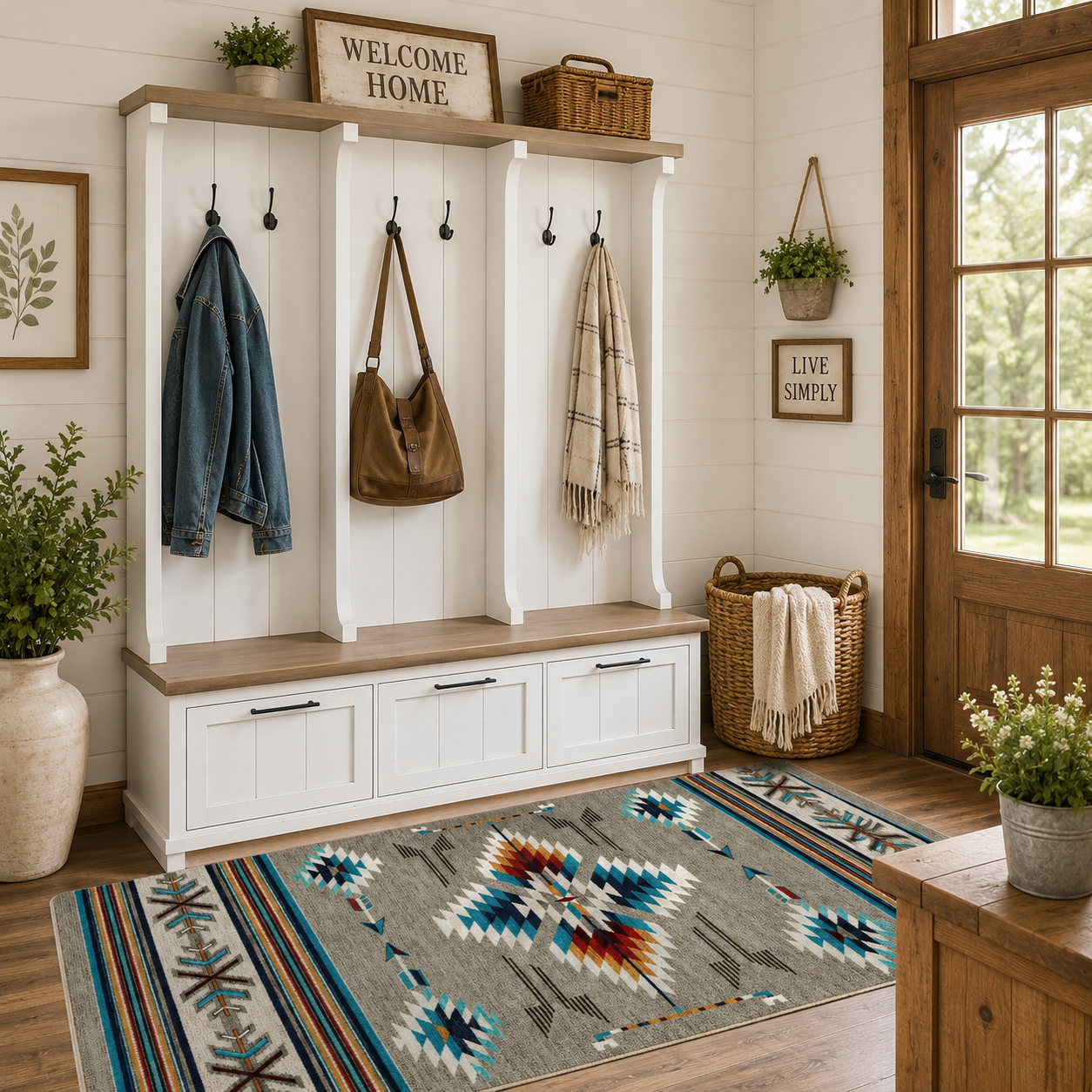 Rustic farmhouse hall tree styled in bright farmhouse-inspired entryway