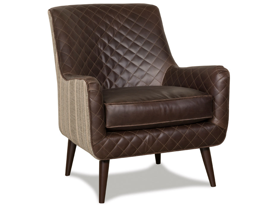 Espresso brown quilted leather accent chair with fabric outback and outer arms