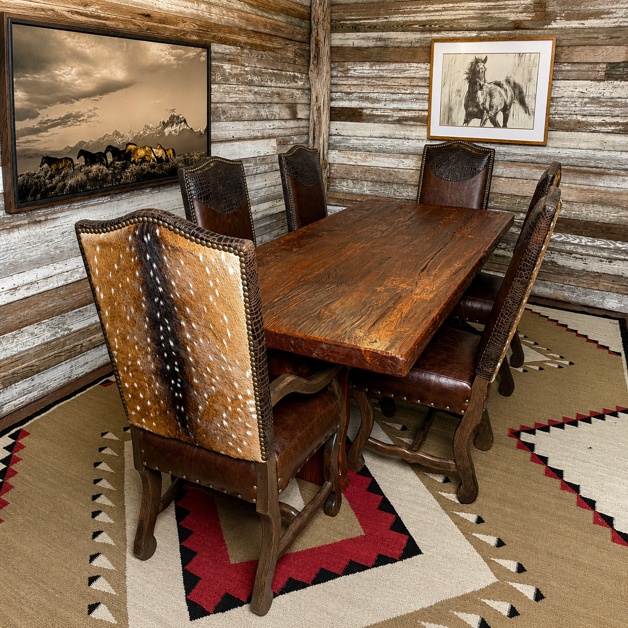 A rustic dining room scene featuring a dark wood rectangular table surrounded by matching chairs with cowhide-patterned backs and dark leather seats, set on a patterned rug against a log wall with framed artwork.