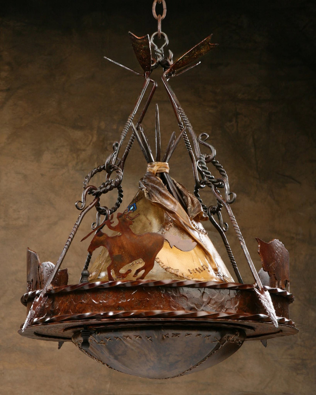 Custom iron and rawhide handmade Native American inspired rustic chandelier