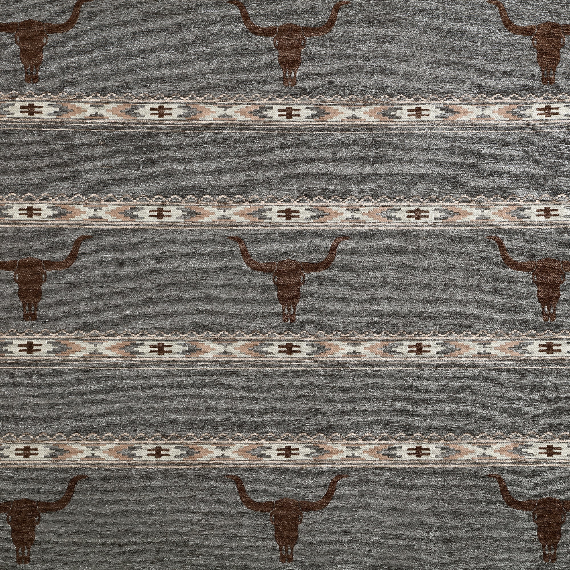 Patterned fabric with bull head designs and geometric patterns on a gray background - Your Western Decor