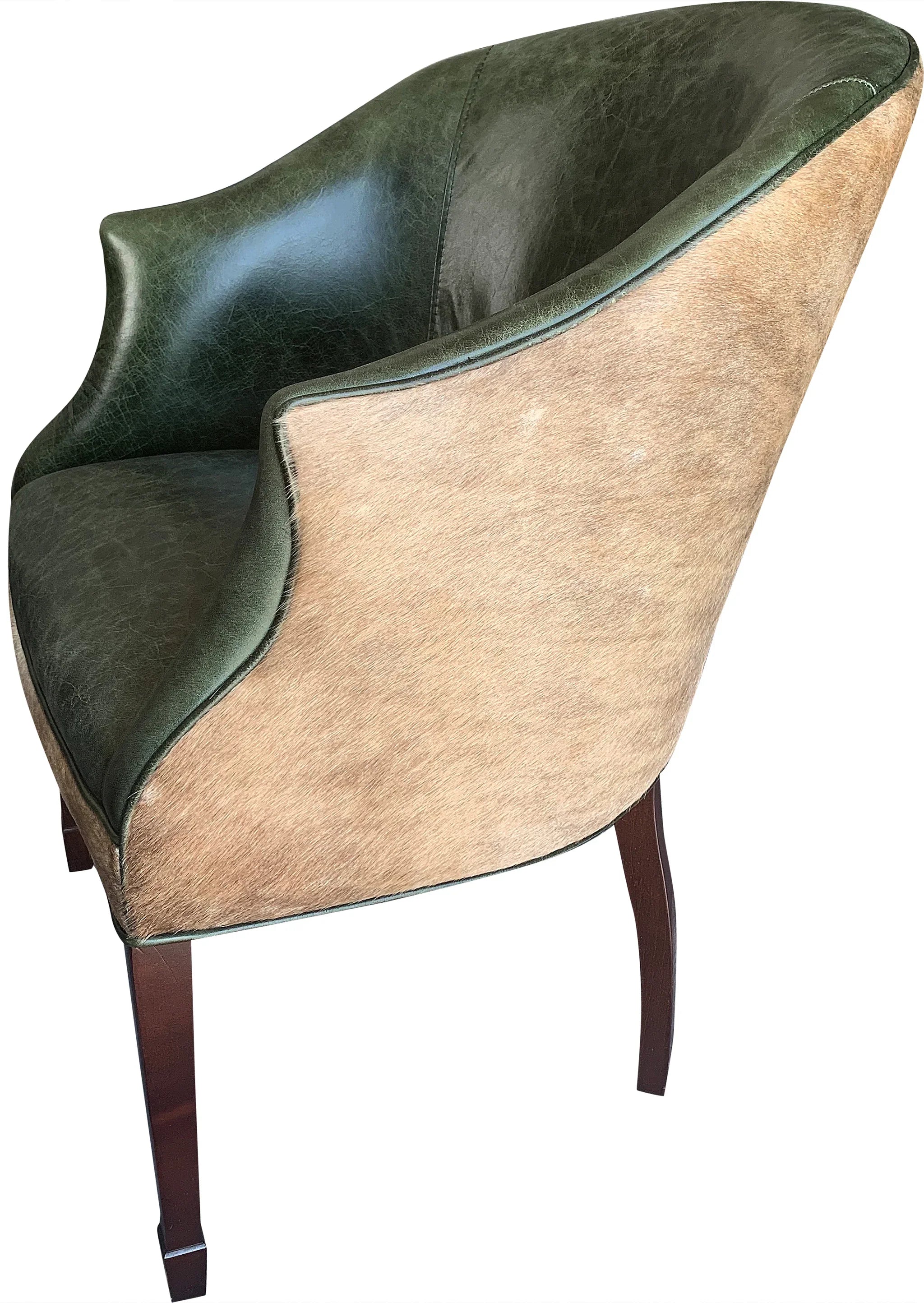Modern chair with green leather and beige cowhide - Your Western Decor