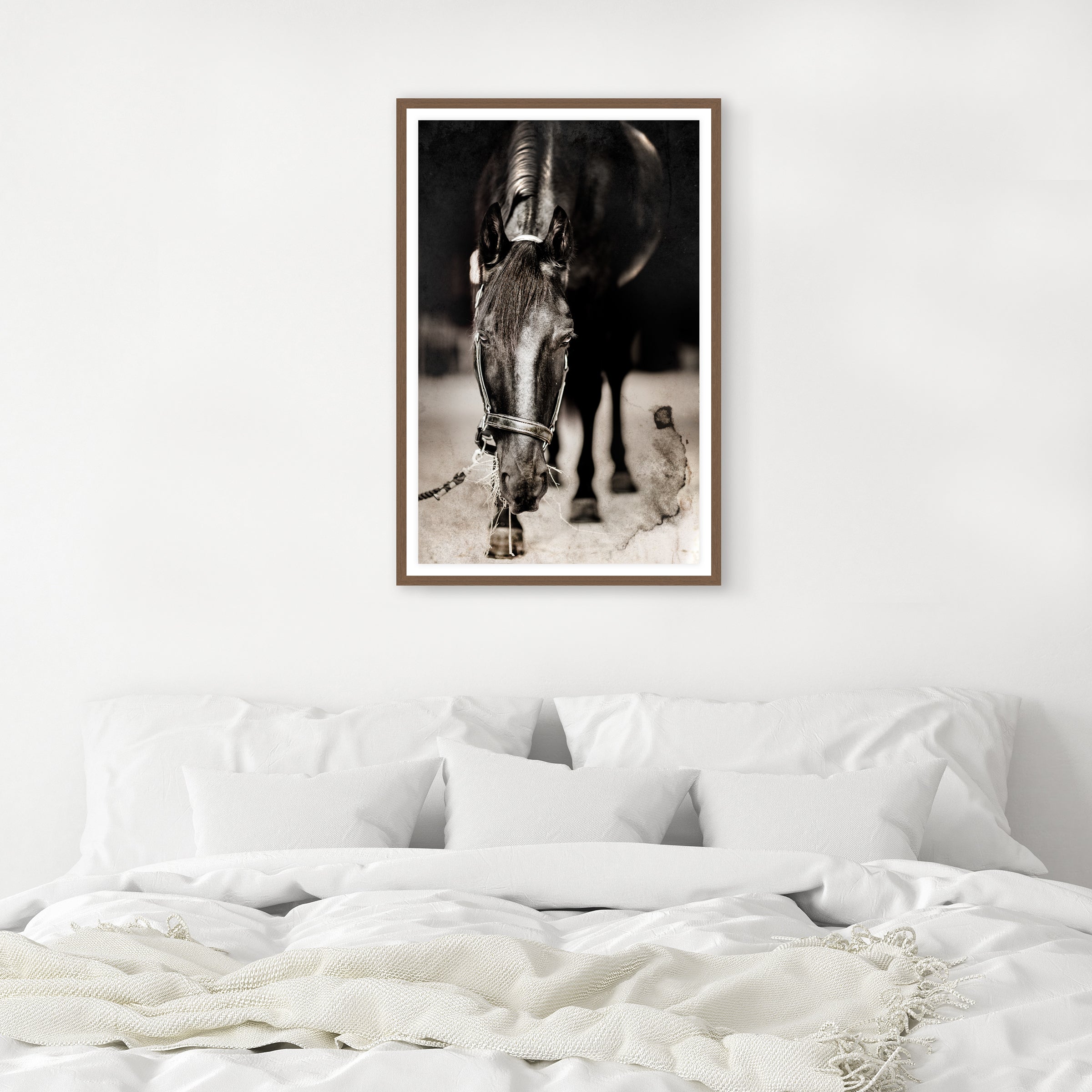 framed Western horse art in walnut frame large equestrian wall decor for ranch or modern home