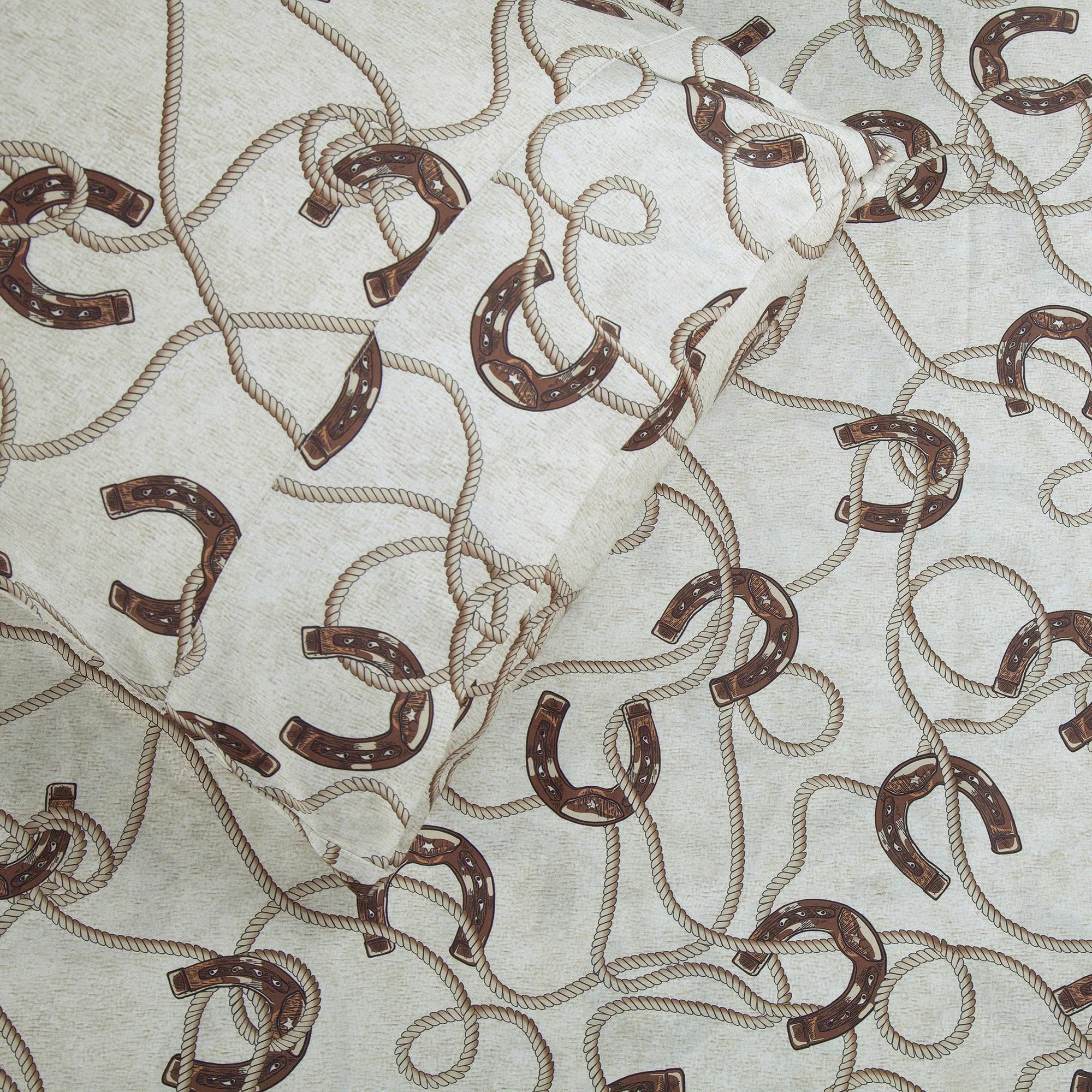 Cotton sheets detail in cream with brown horseshoes and tan rope - Your Western Decor