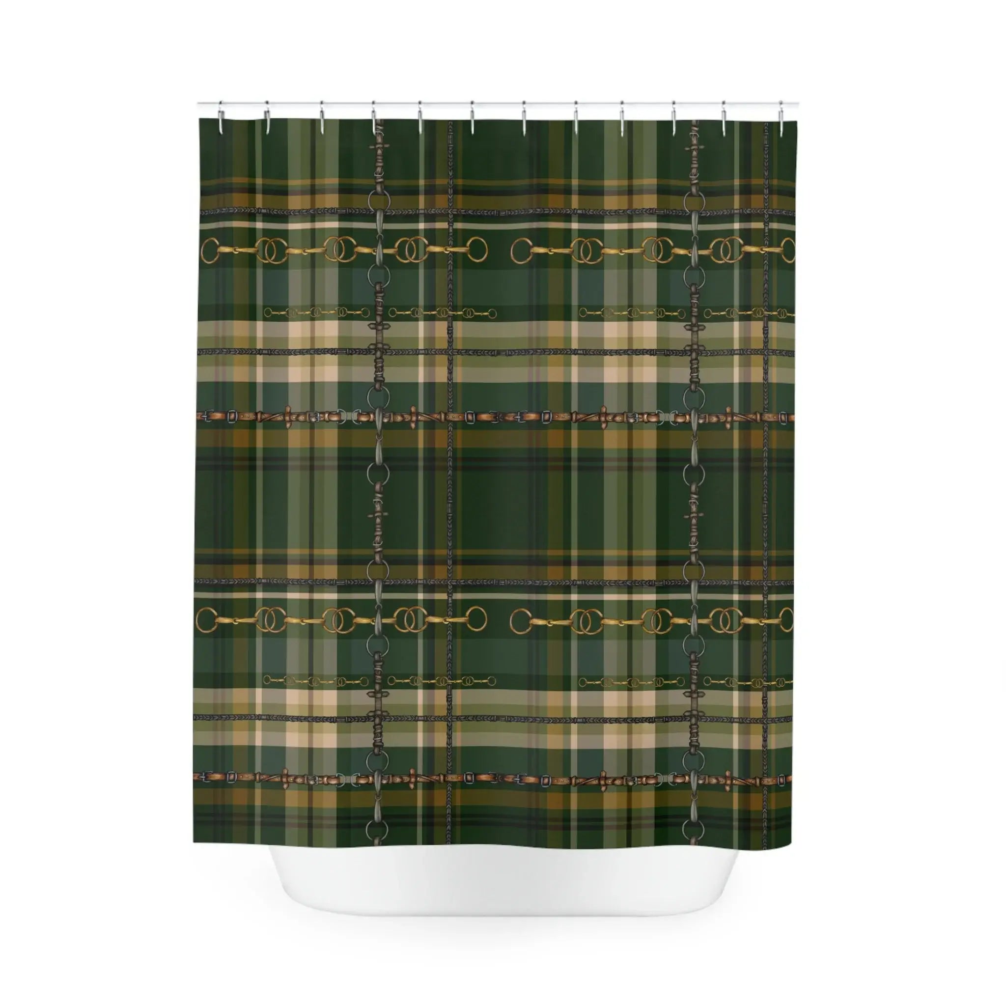 Plaid shower curtain with green, beige, and brown colors and snaffle bit detail - Your Western Decor
