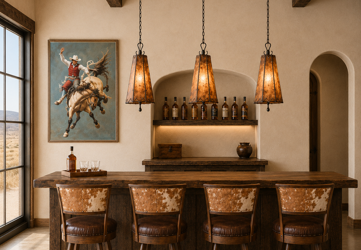 Bar area with wooden counter, leather chairs, and rustic decor.