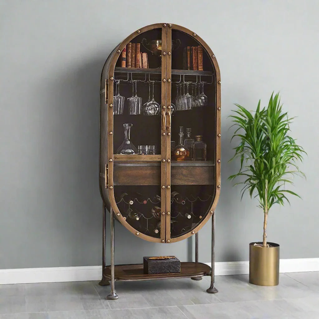 Tall Oval Industrial Bar Cabinet - Your Western Decor
