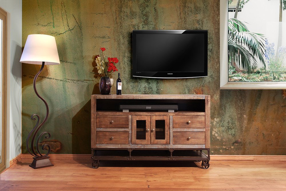 Iron Rail industrial media console in solid mango wood with rolling iron base