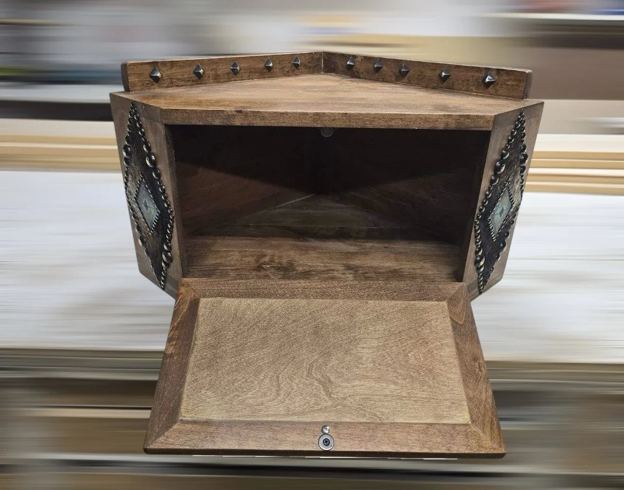 Wooden corner cabinet with decorative elements on a blurred background - Your Western Decor