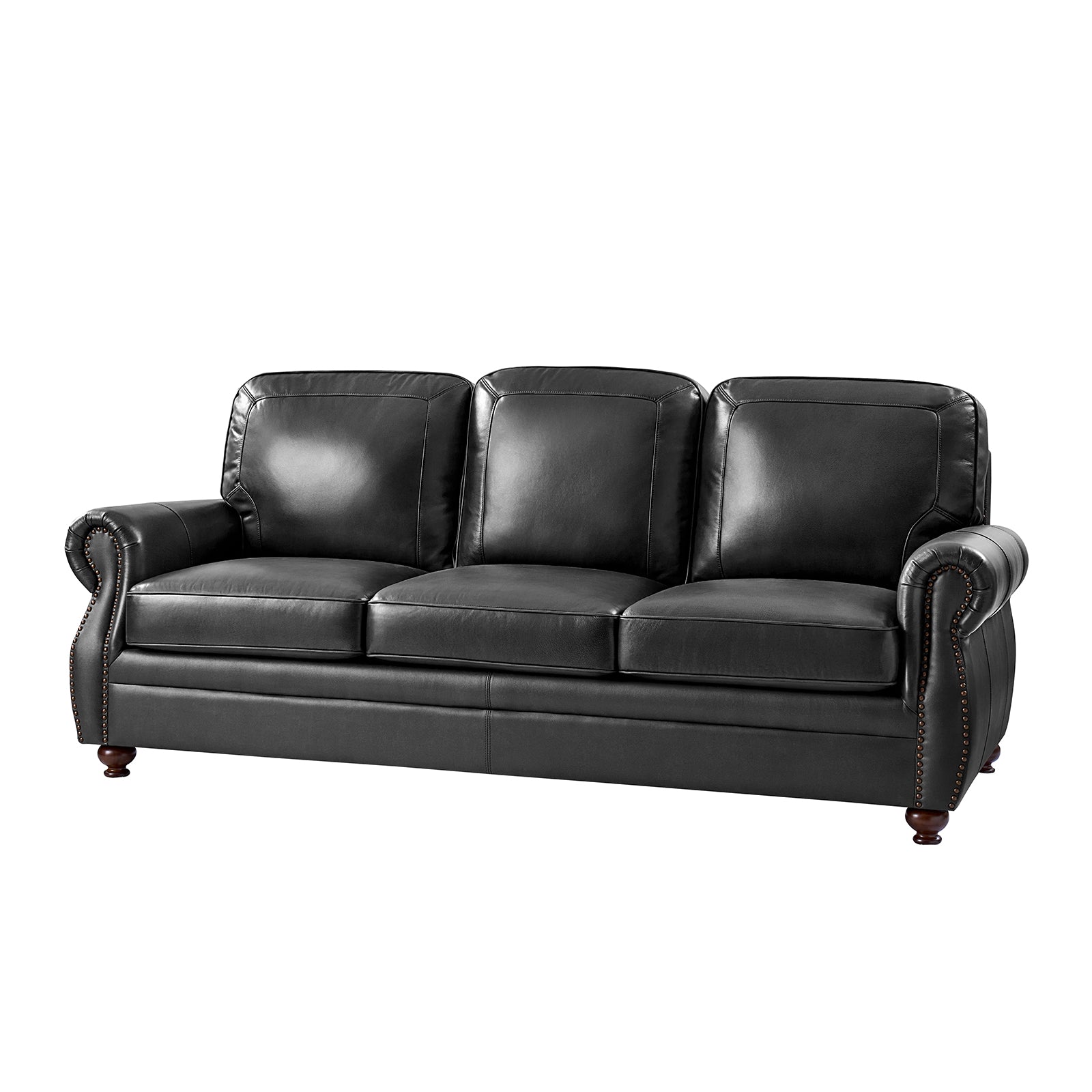 Iron ranch black leather sofa with wood legs at an angle
