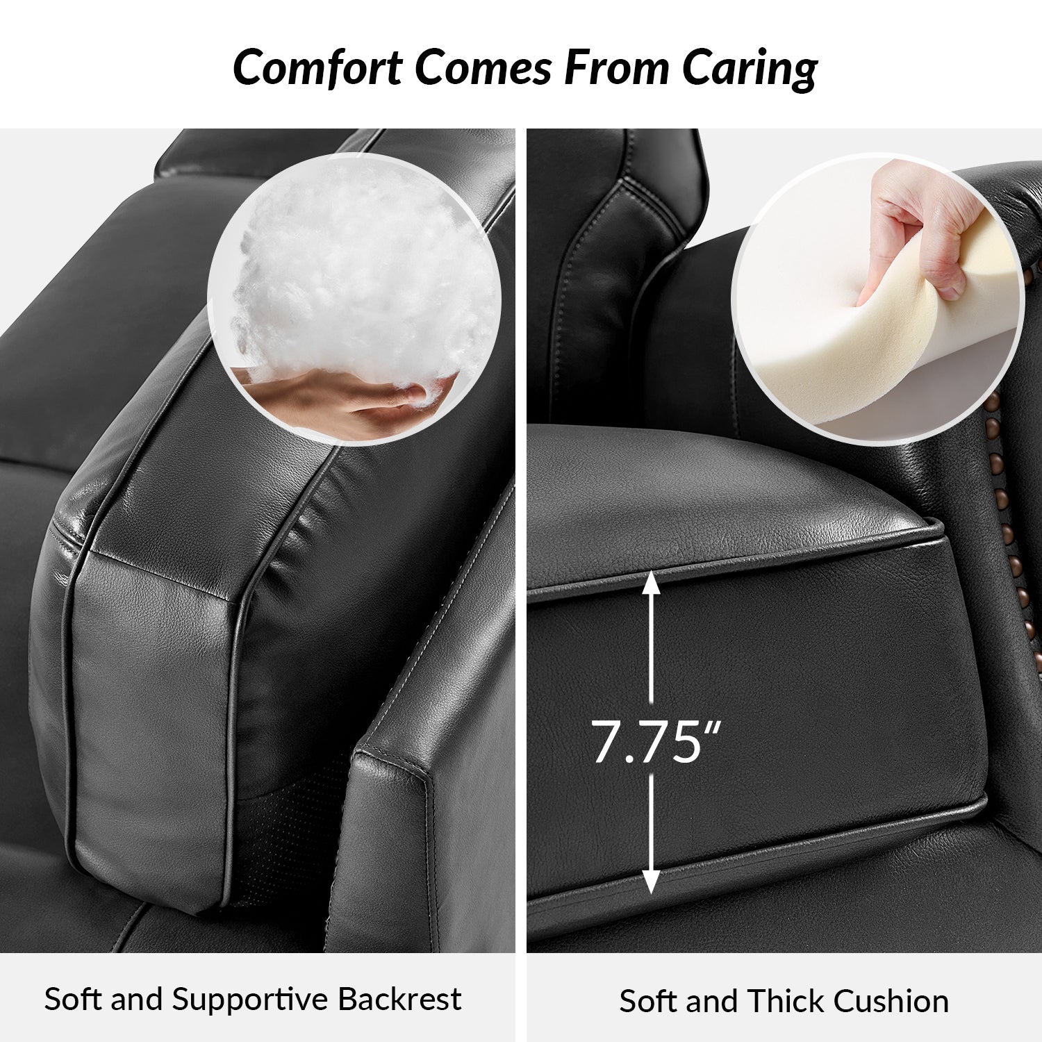Black leather car seat with soft and thick cushion and backrest, showing comfort features.