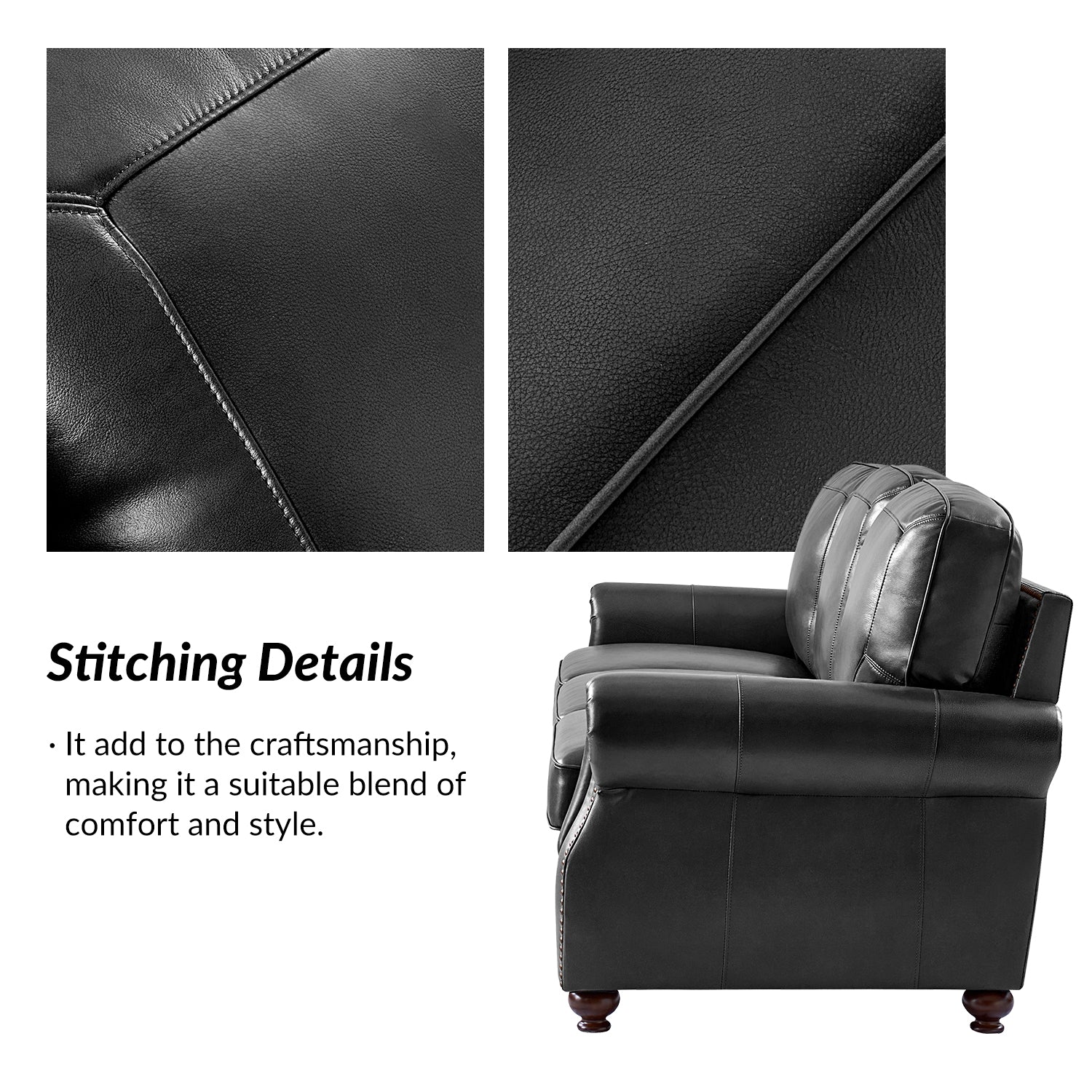 Black leather armchair with close-up of stitching details on a white background