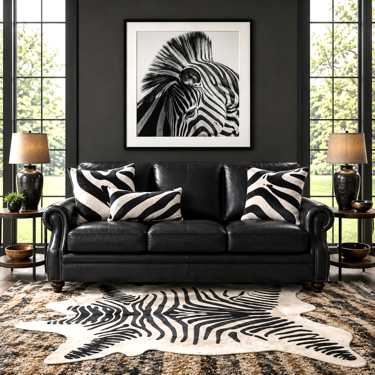 Iron Ridge Black Leather Sofa staged with zebra print rug, zebra wall art, and floor-to-ceiling windows in luxury lodge living room