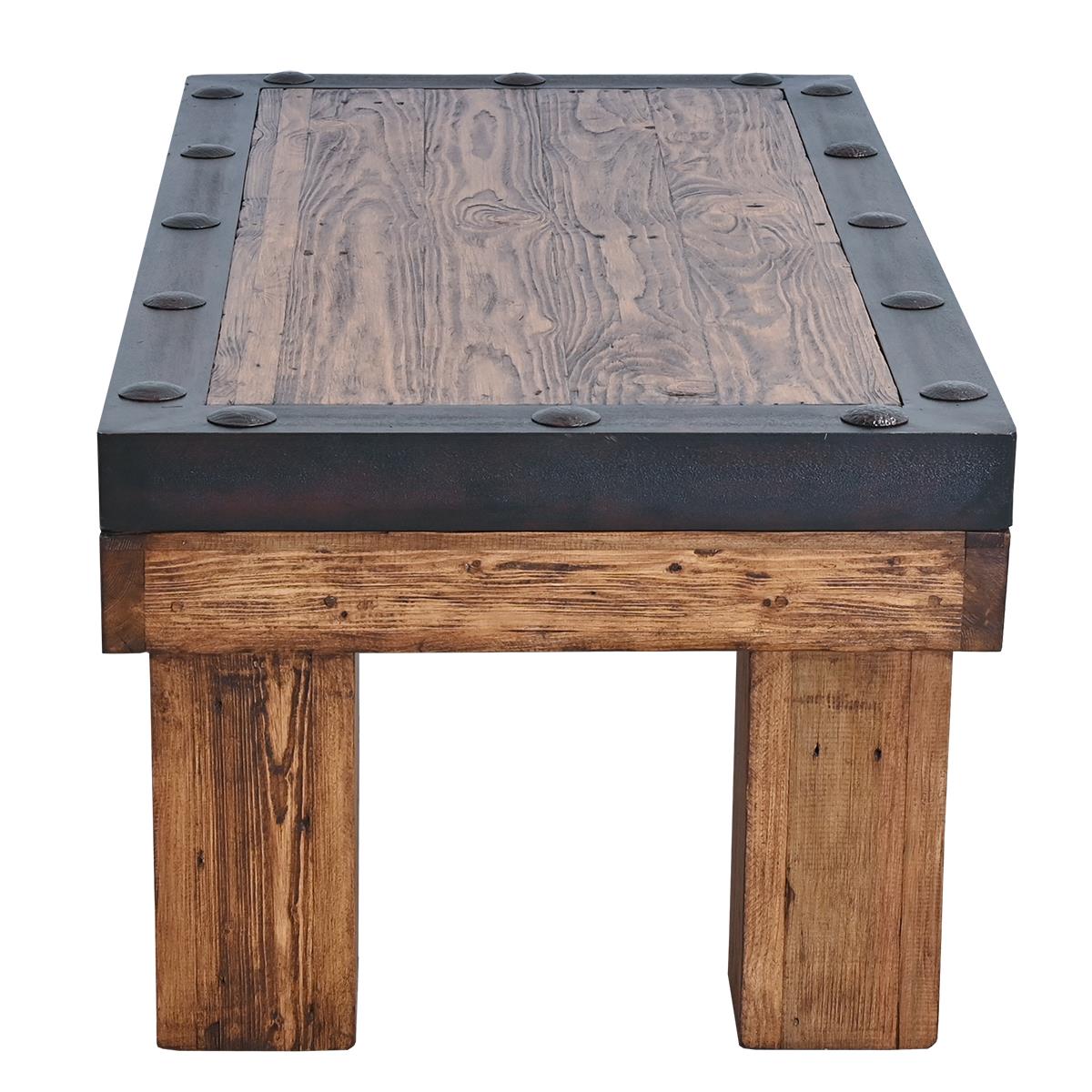 End view of Ironbound rustic timber beam-style coffee table