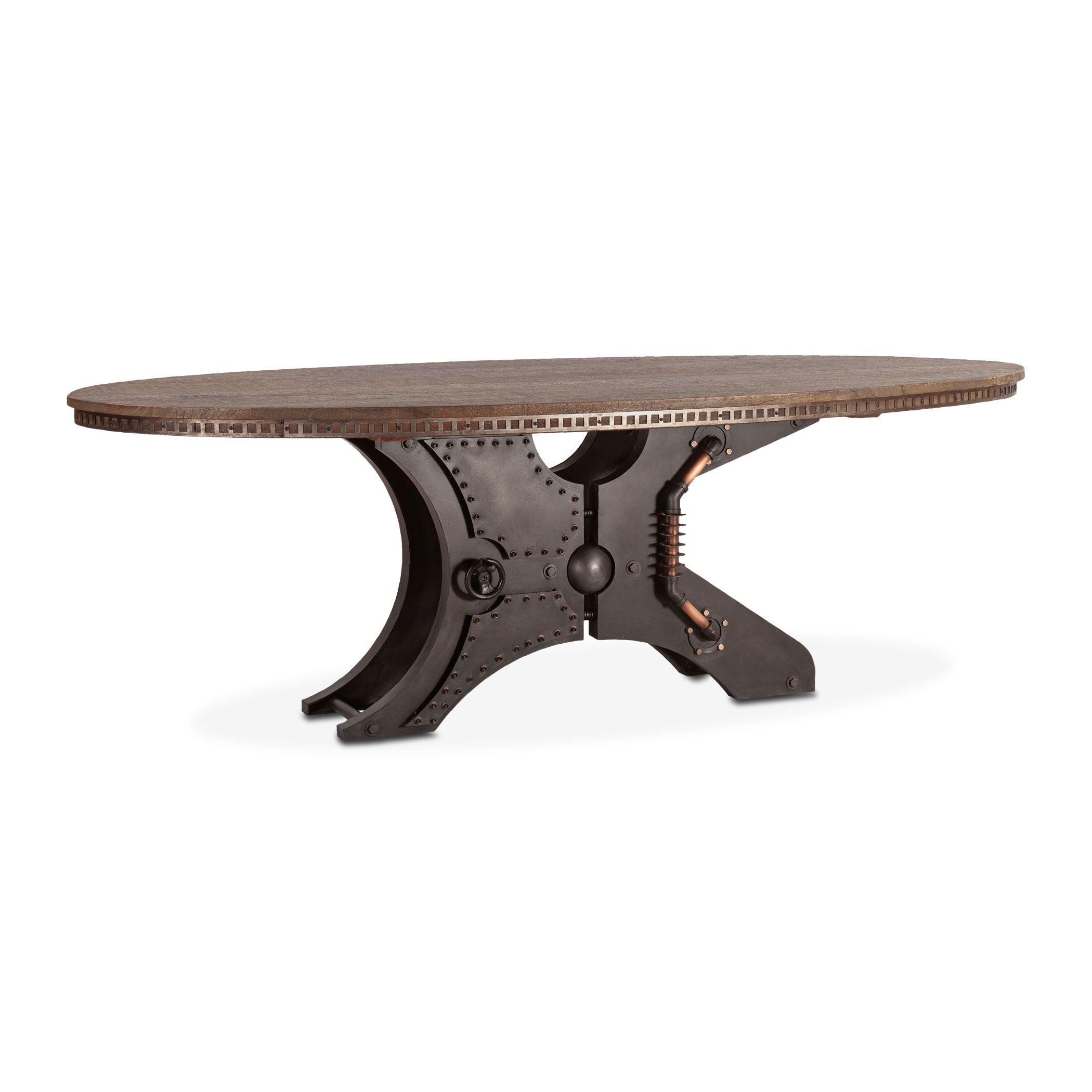 Round wooden table with a metal industrial base on a white background