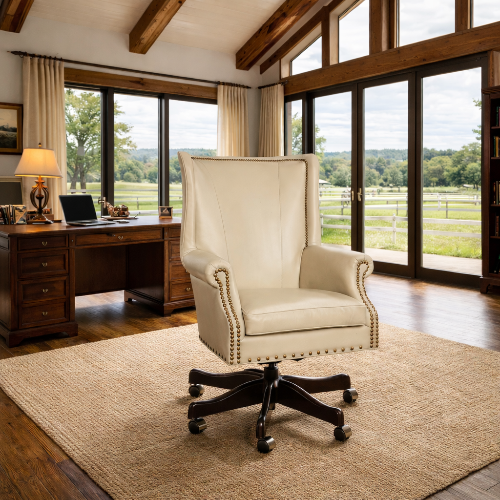 American-made ivory leather office chair with maple wood base and brass nailheads in luxury Western ranch office