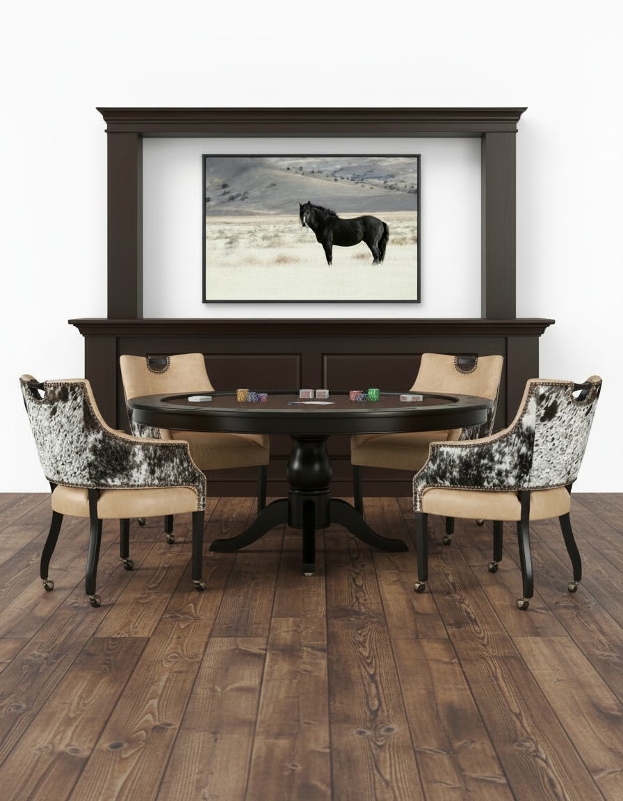 Game table with ivory leather and peppered cowhide upholstery with Royal Black Horse Canvas Art
