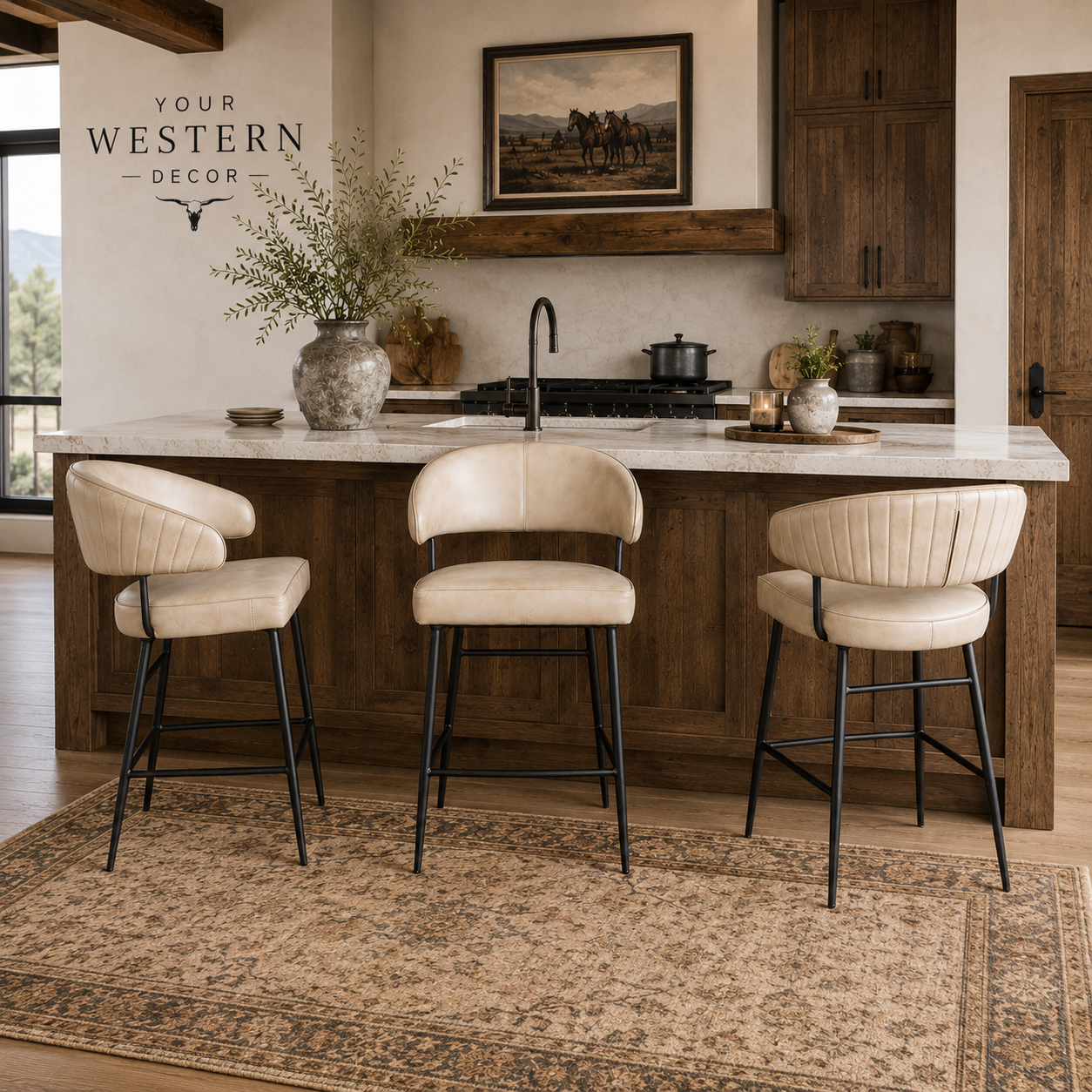 Ivory mesa leather counter chairs in rustic kitchen setting