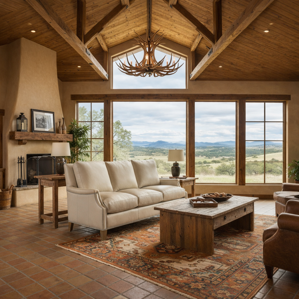 Ivory mesa leather sofa in cozy lodge living room with mountain views