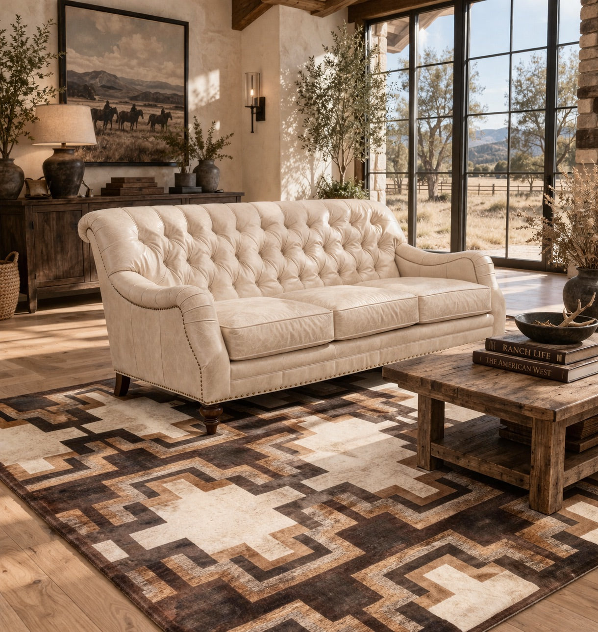 Ivory tufted leather sofa with Charles of London arms and nailhead trim in a Western ranch style living room setting