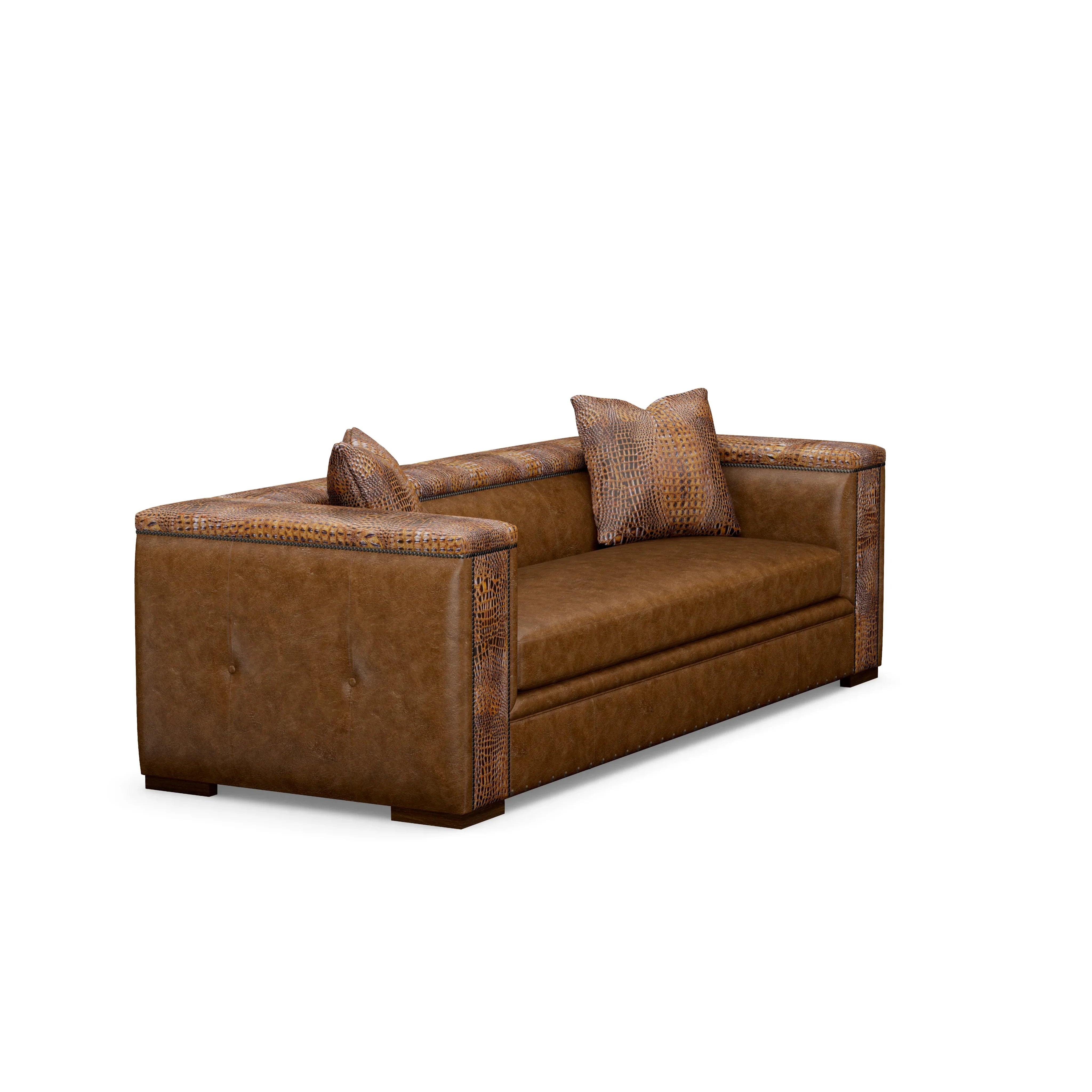 Brown leather sofa with decorative pillows on a white background - Your Western Decor