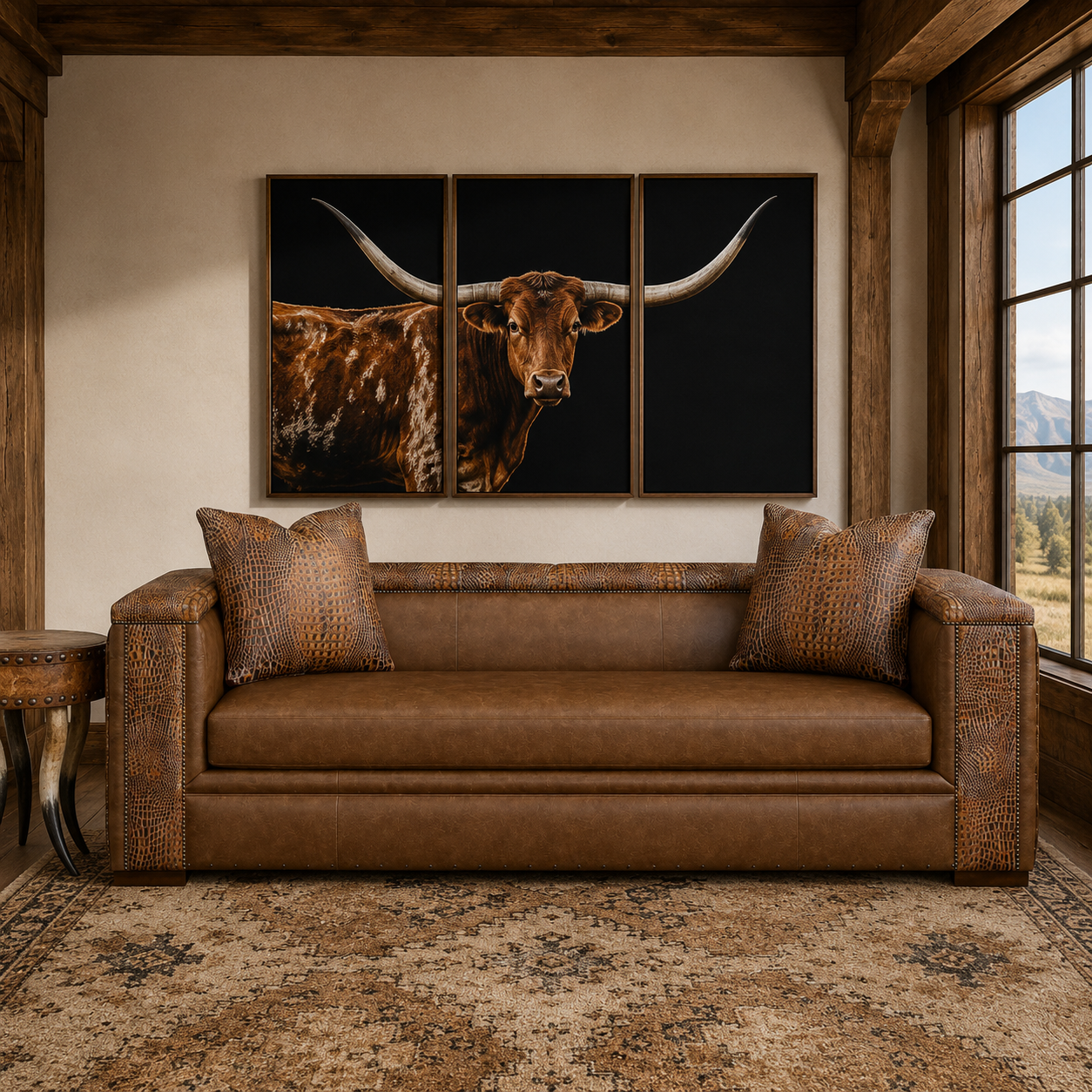 Brown leather sofa with one cushion, croc accents, and nail trim. Shown with Tryptich Longhorn Art and longhorn rustic side table