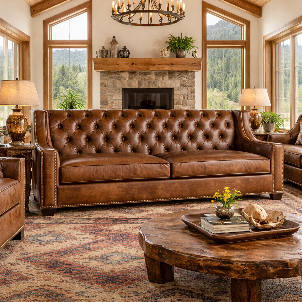 Cozy living room with a brown tufted leather sofa, wooden coffee table, and fireplace.