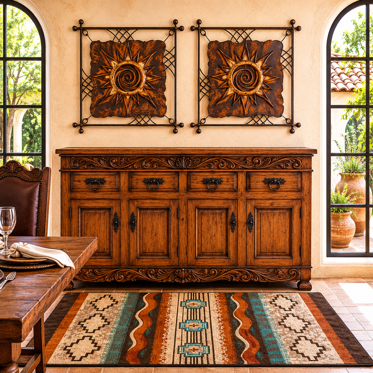 Legacy Ranch Hand Carved Buffet Sideboard in bright dining room with Barton Buckskin Area Rug and Rustic Iron Sun Wall Plaques