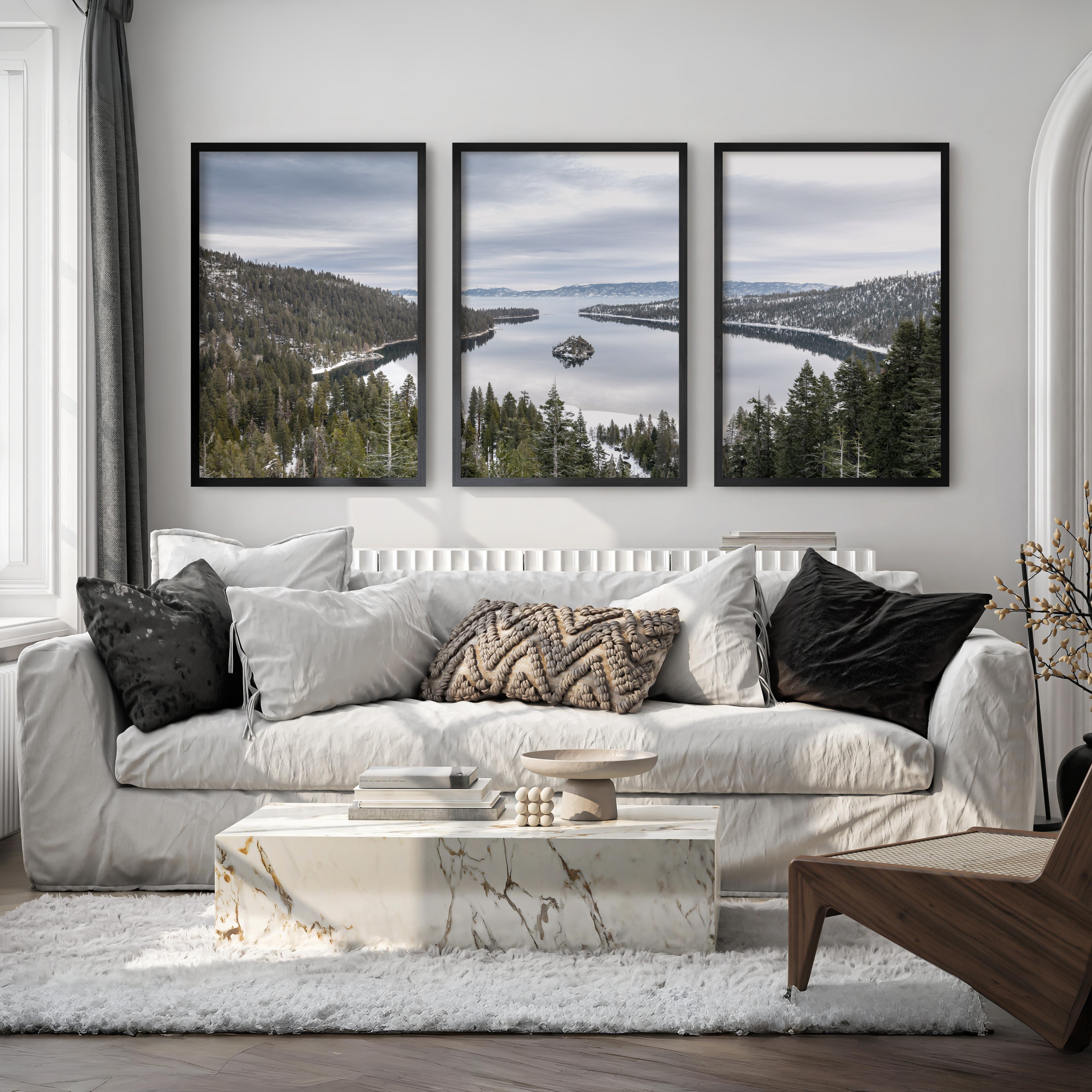 Lake Tahoe triptych wall art featuring Sierra Nevada mountains and alpine lake landscape in framed fine art prints for rustic and modern interiors, black wood frames