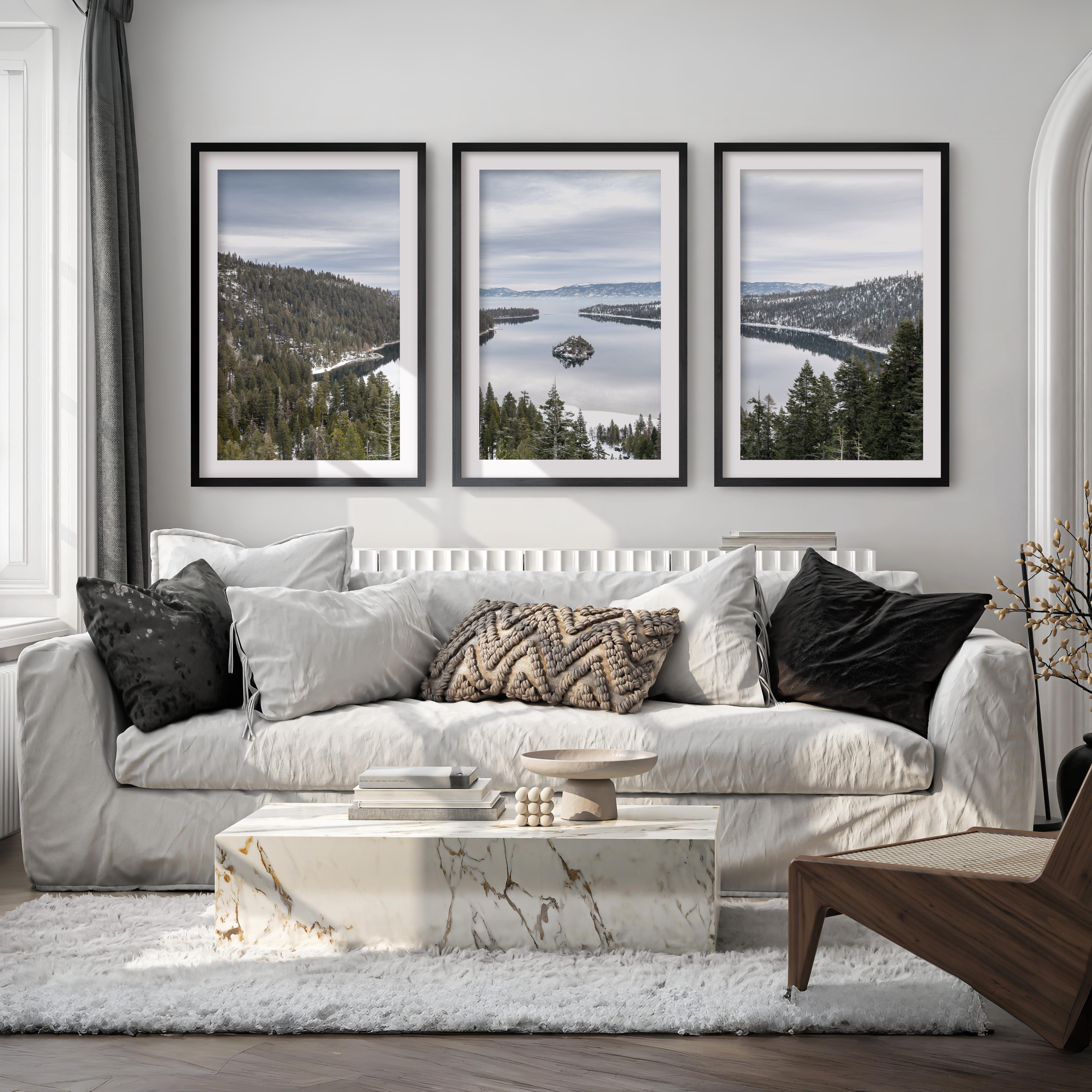 Lake Tahoe triptych wall art featuring Sierra Nevada mountains and alpine lake landscape in framed fine art prints for rustic and modern interiors, white border, black wood frames