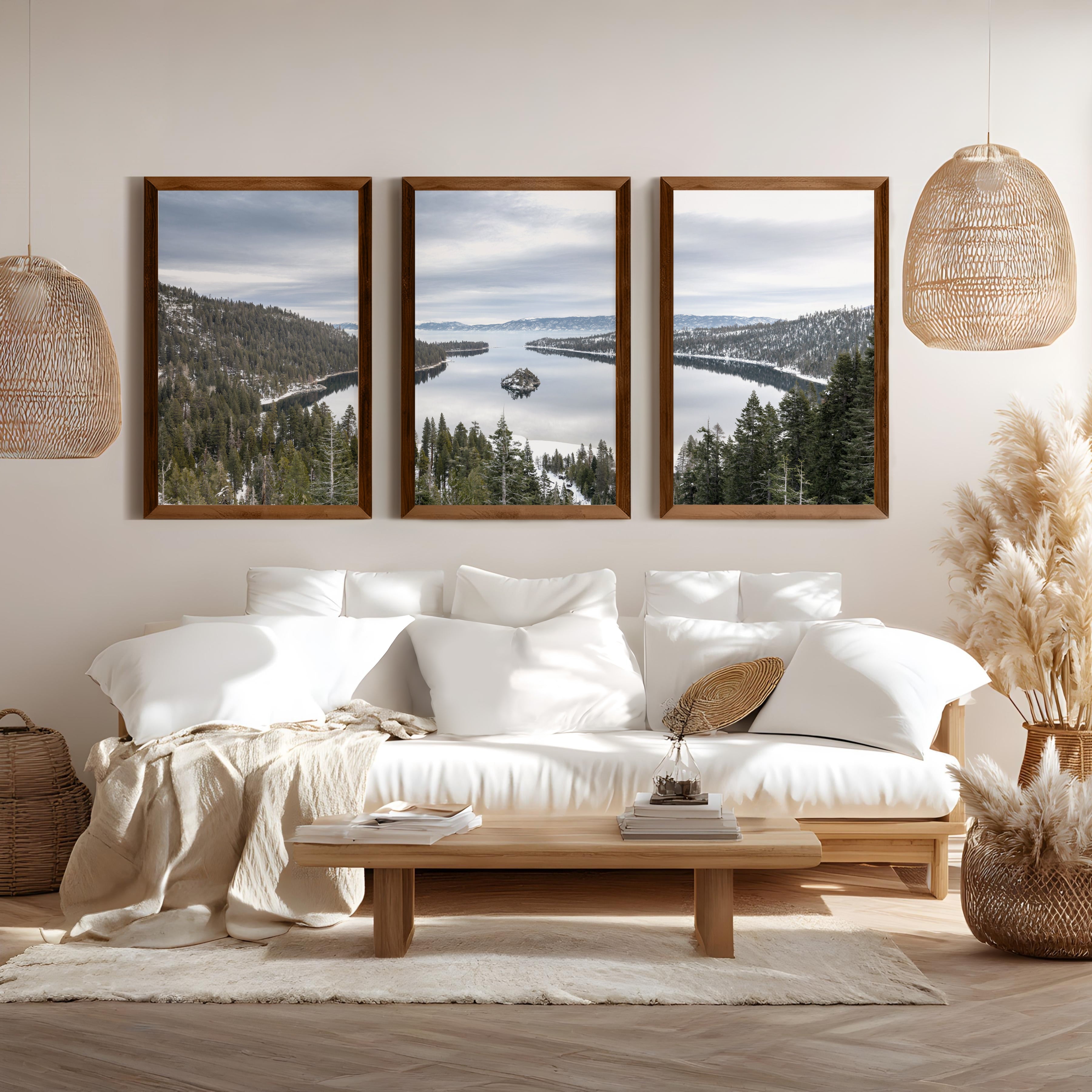 Lake Tahoe triptych wall art featuring Sierra Nevada mountains and alpine lake landscape in framed fine art prints for rustic and modern interiors, dark natural wood frames