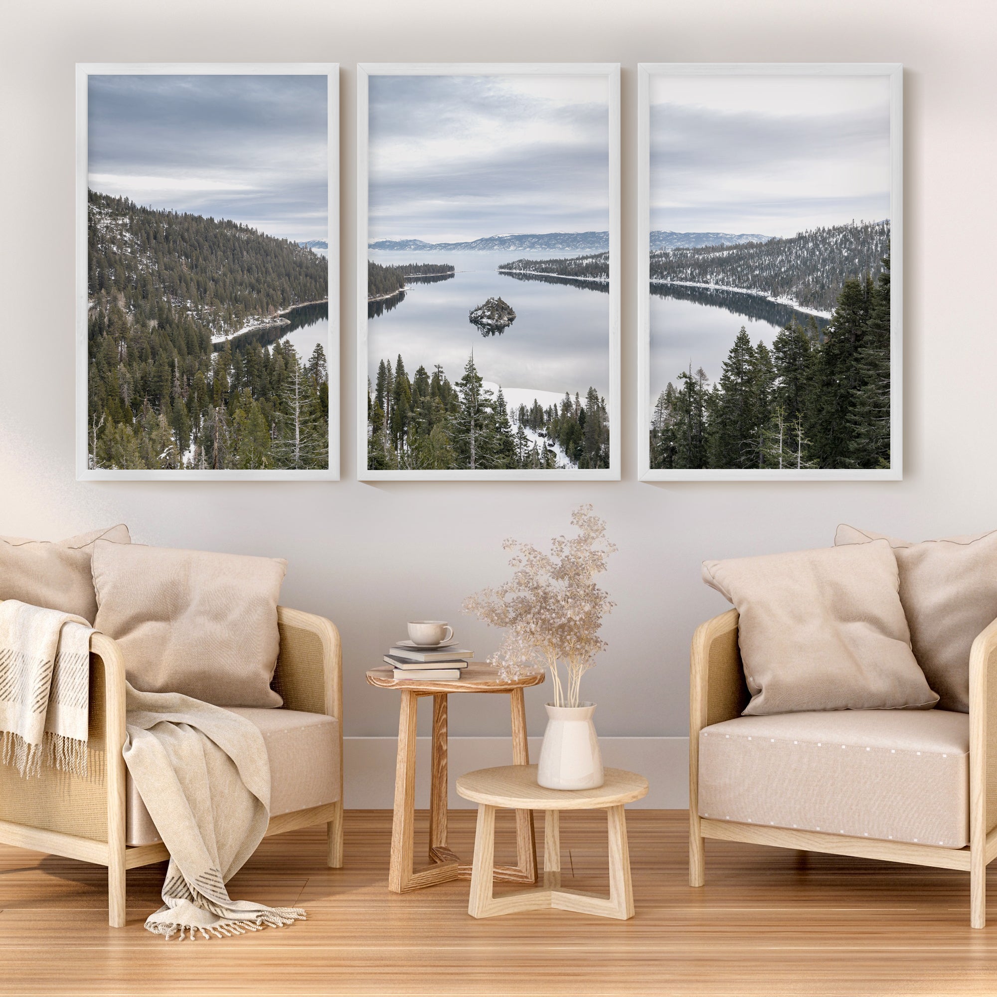 Lake Tahoe triptych wall art featuring Sierra Nevada mountains and alpine lake landscape in framed fine art prints for rustic and modern interiors, white wood frames