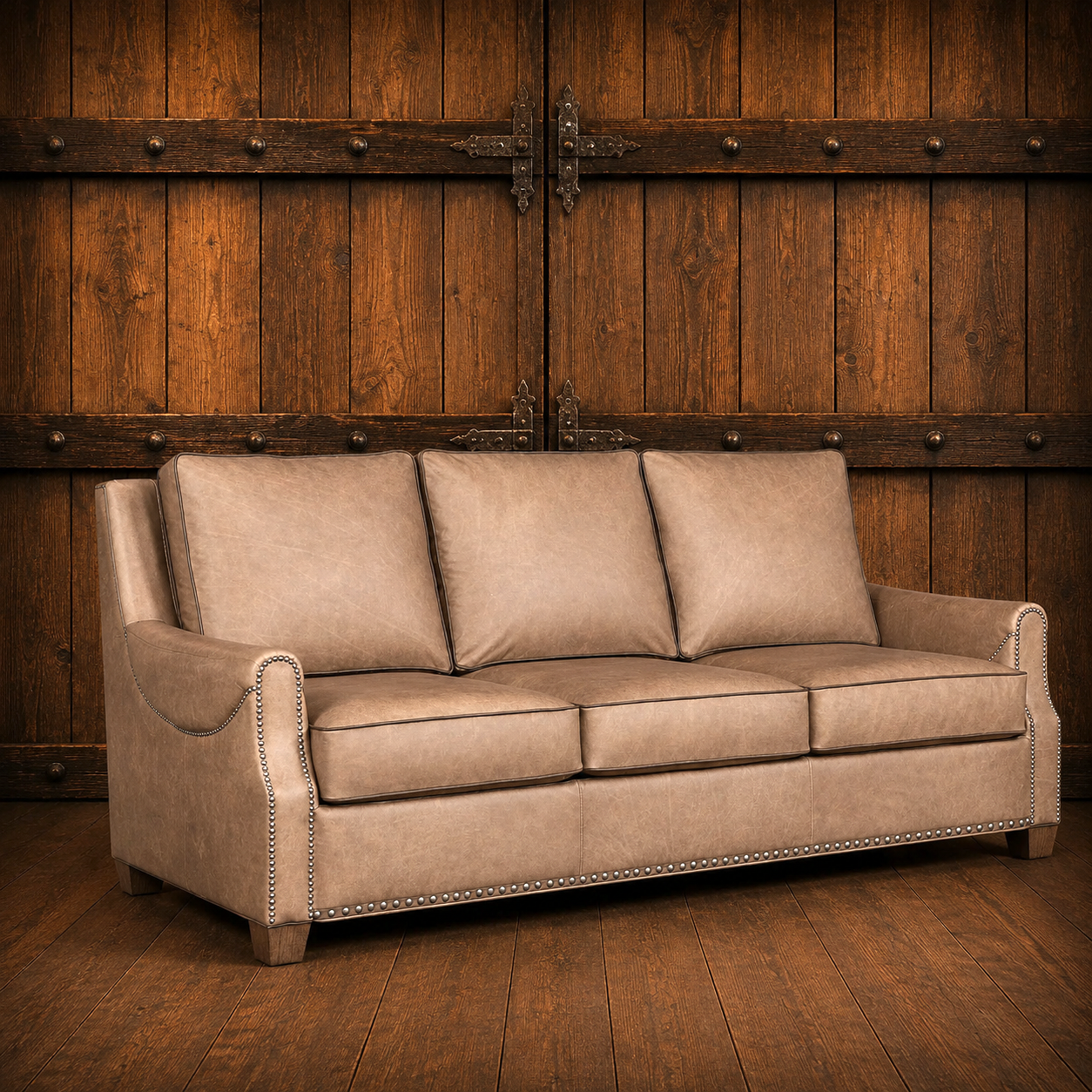 American made Lakota Luxury Leather Sofa staged in a luxury Western ranch living room with rustic wood textures and warm neutral tones