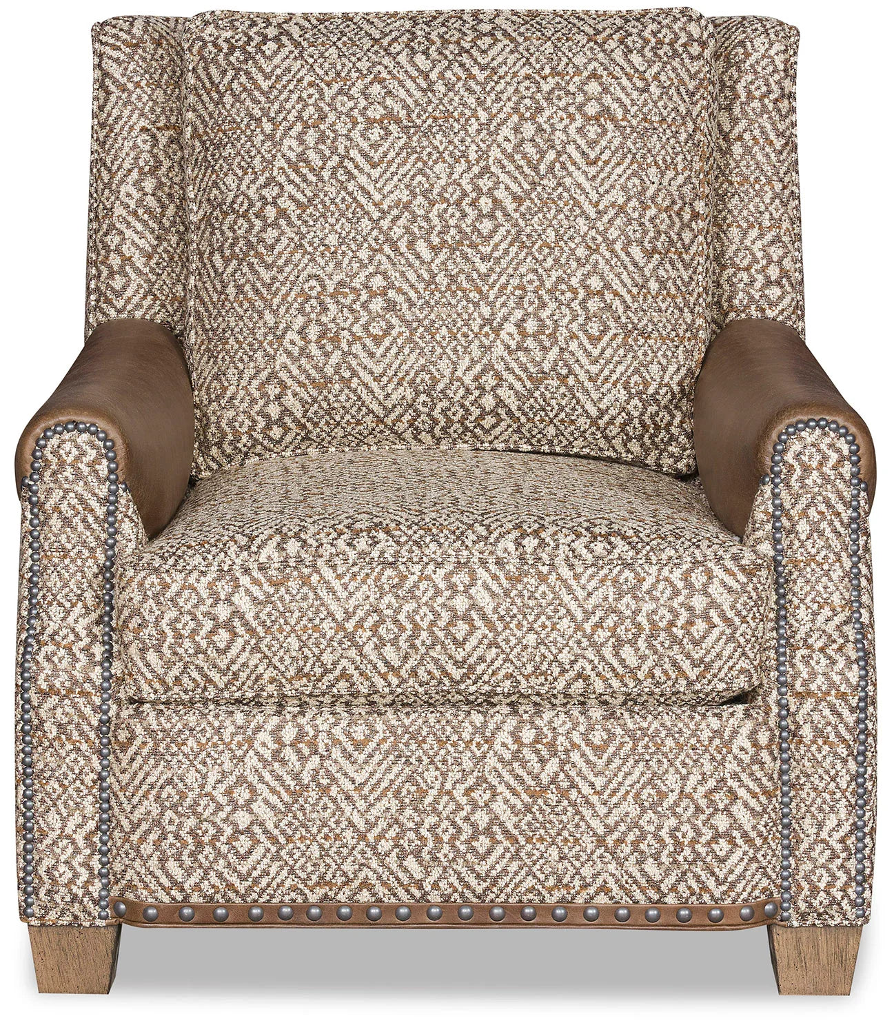 Patterned fabric and leather lounge chair front - Your Western Decor