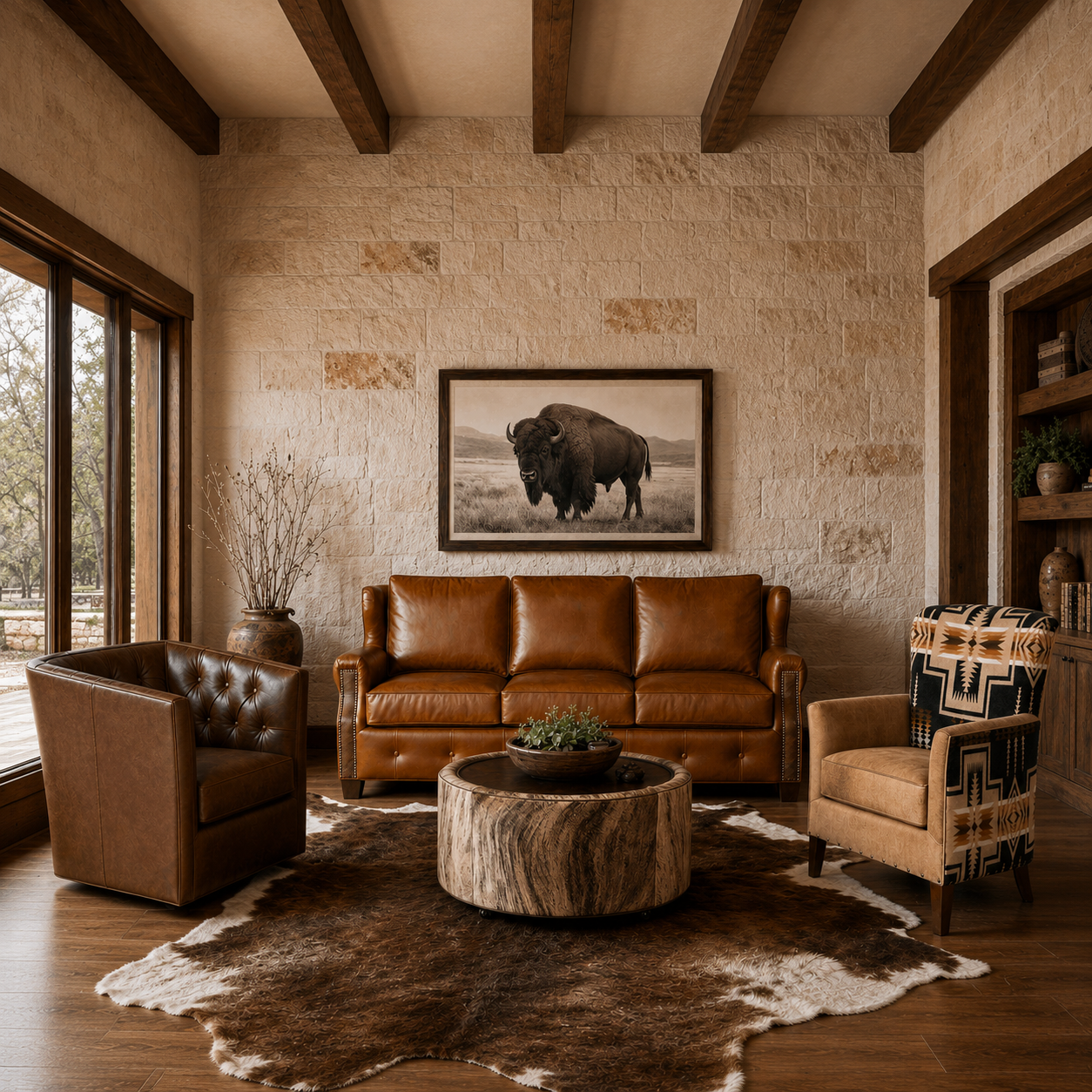 Wilder Ranch luxury leather sofa styled in upscale ranch living room