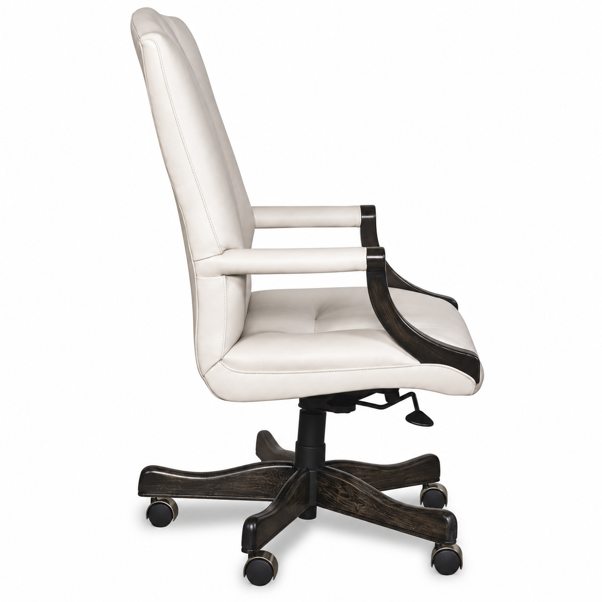 A high-back office chair with cream-colored leather upholstery and a dark brown wooden five-star base with casters, shown from a side profile view on a white background.