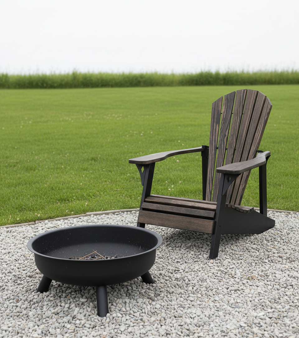 Wooden Adirondack chair next to a fire pit on a gravel area with grass in the background - Your Western Decor