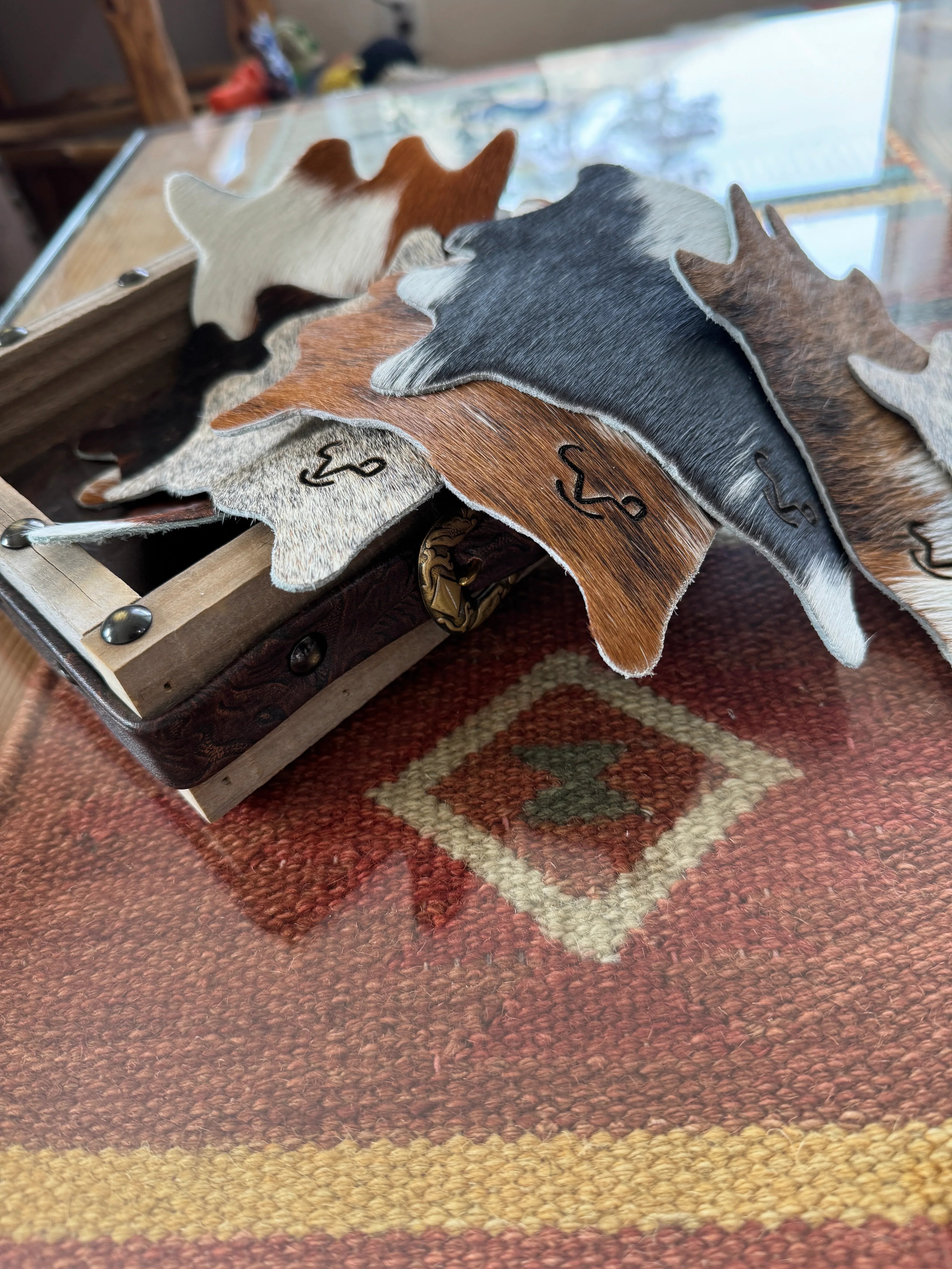 Miscellaneous color cowhide coasters with laser ranch brands - Your Western Decor