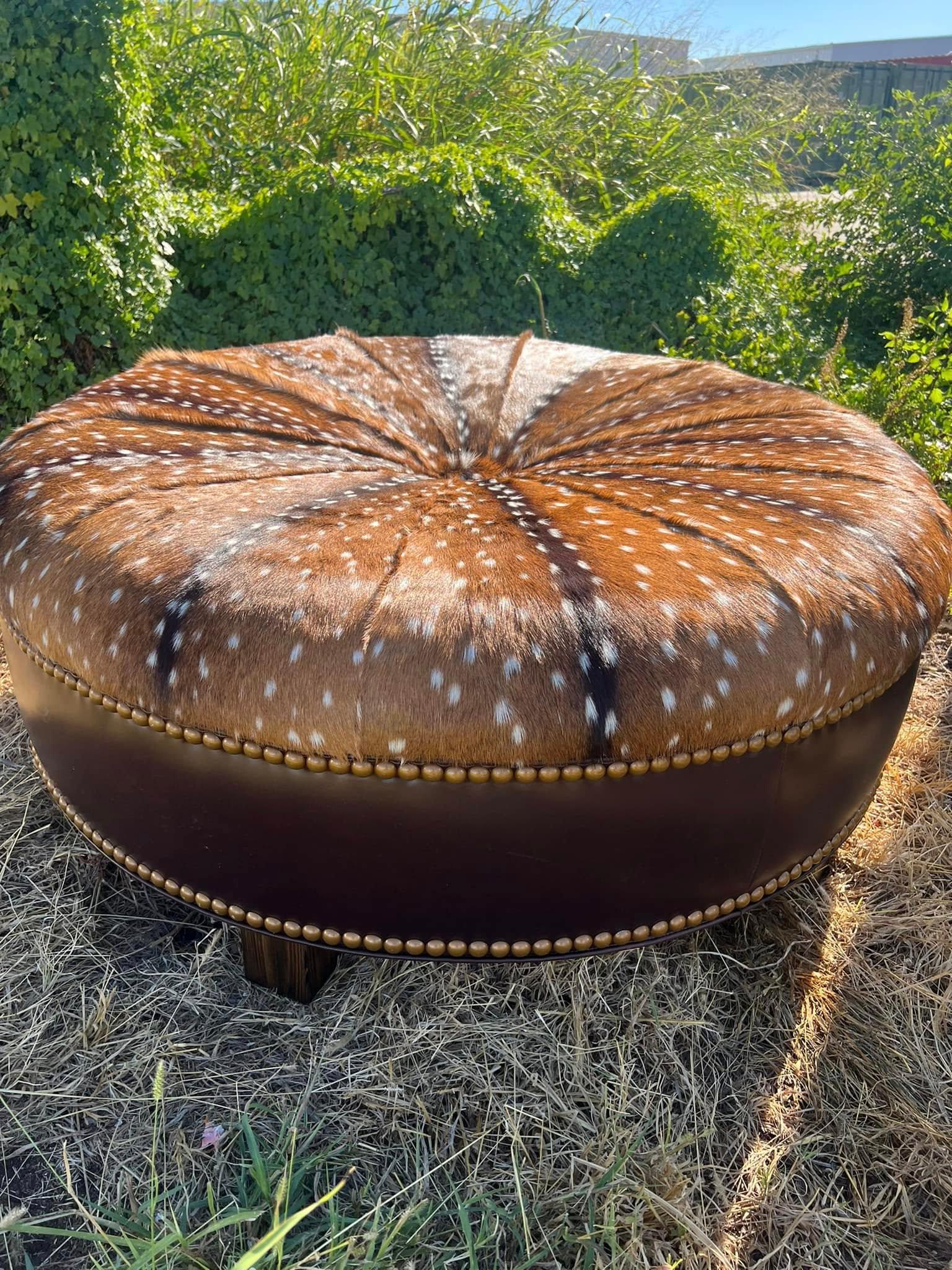 Custom American made Leather & Axis Hide Round Ottoman - Your Western Decor