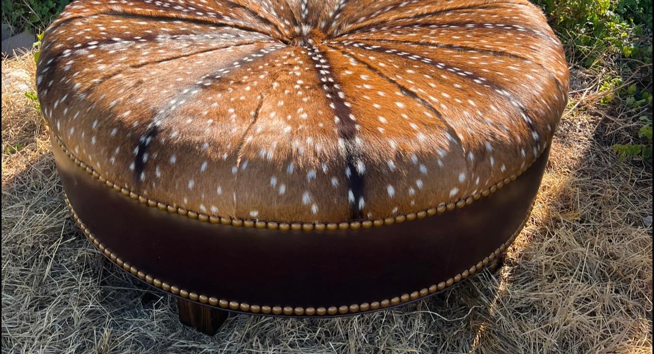 Custom American made Leather & Axis Hide Round Ottoman - Your Western Decor