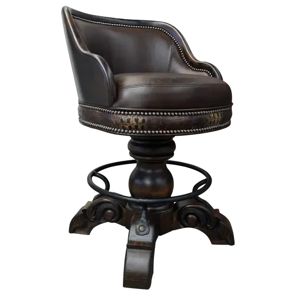 Brown leather swivel chair with decorative metal base on a white background - Your Western Decor