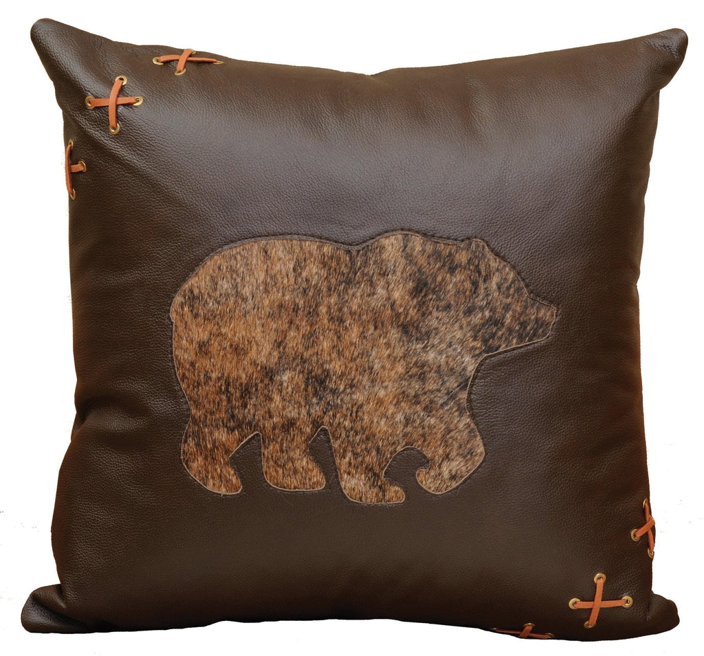 smooth leather and bear shaped cowhide cut out throw pillow. Deer skin X corner accents. Hand crafted in the USA. Your Western Decor
