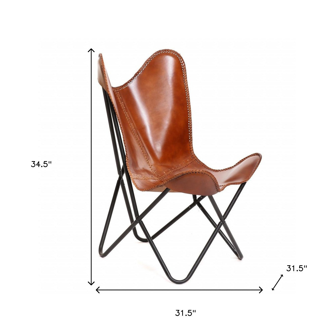 Brown leather butterfly chair with black metal frame and dimensions on a white background - Your Western Decor