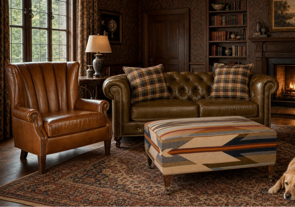 Living room with custom leather chair, sofa, and Wyeth Trail ottoman and Golden Lab