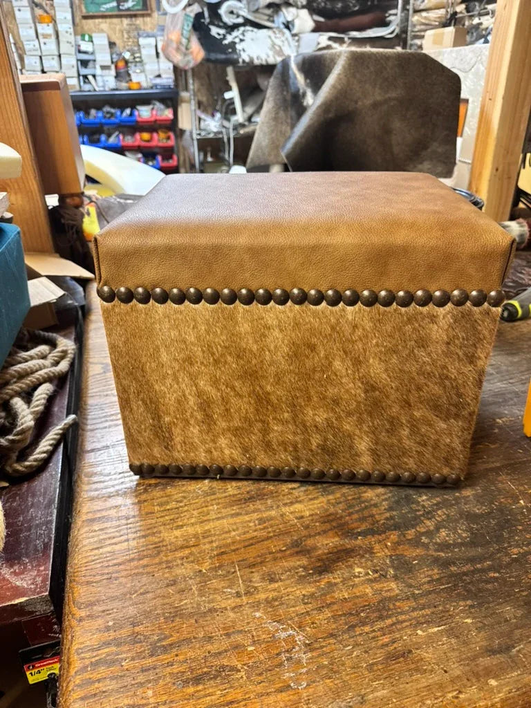 Custom made cowhide ottoman with smooth leather top - Your Western Decor