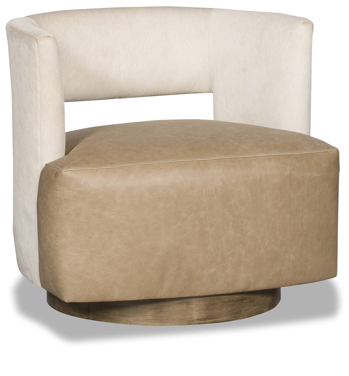 ivory cowhide and tan leather swivel chair with modern western design and wood base handcrafted in the USA