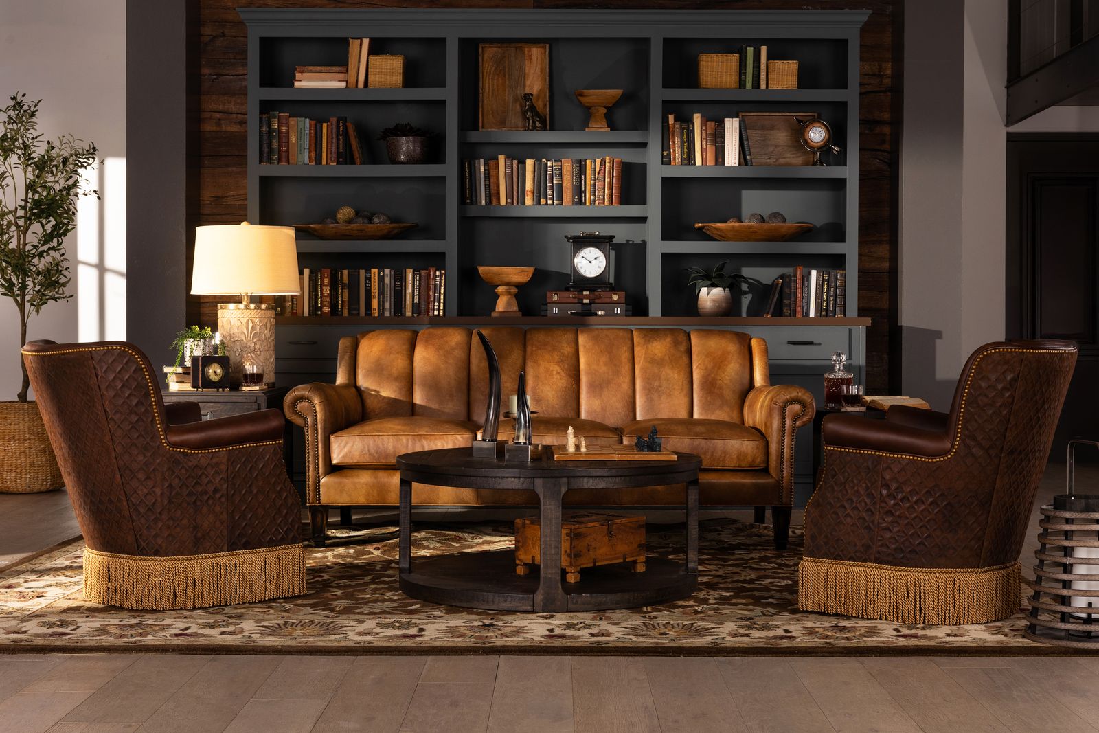 channel back leather sofa and chairs in living area, American made