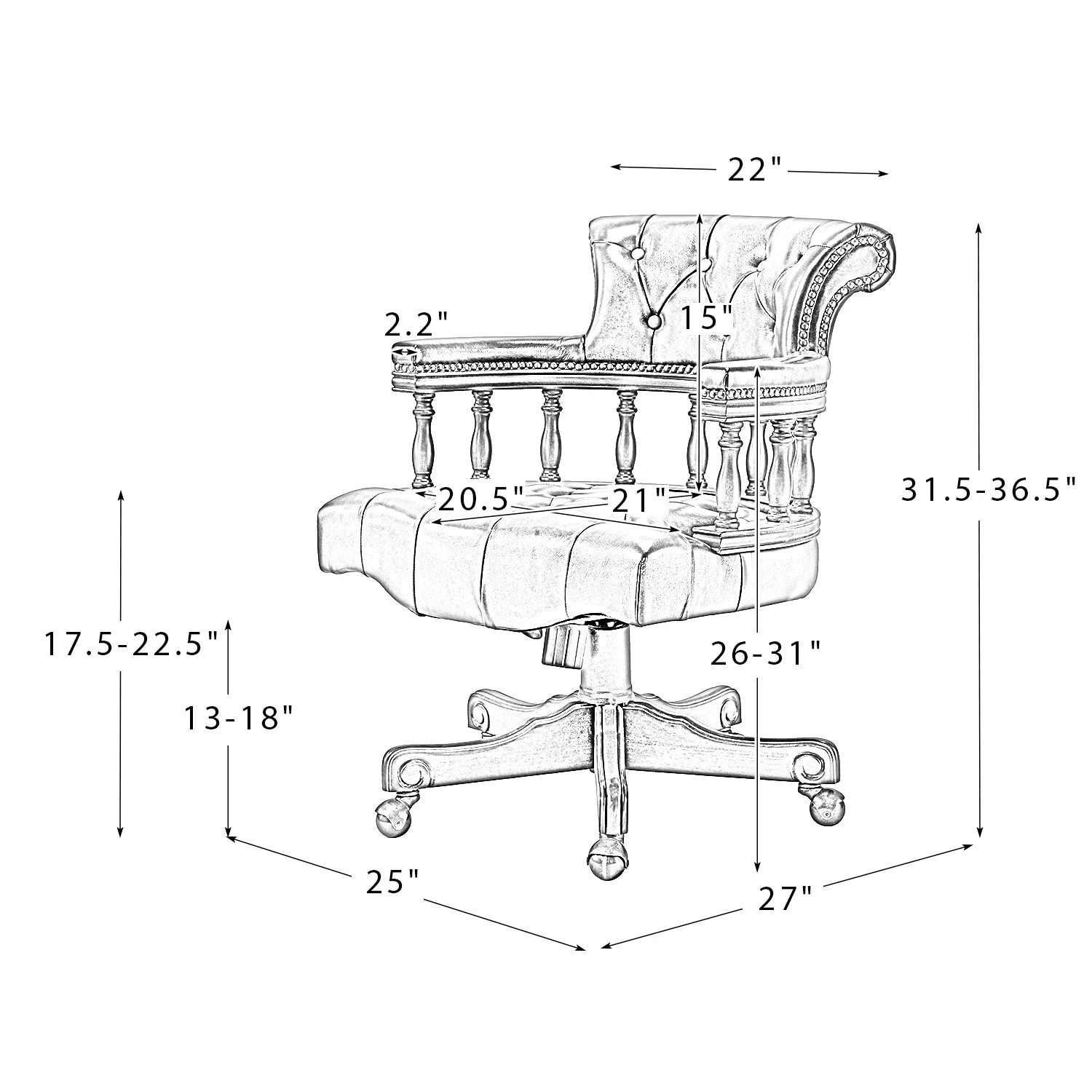 Illustration of an office chair with dimensions labeled - Your Western Decor
